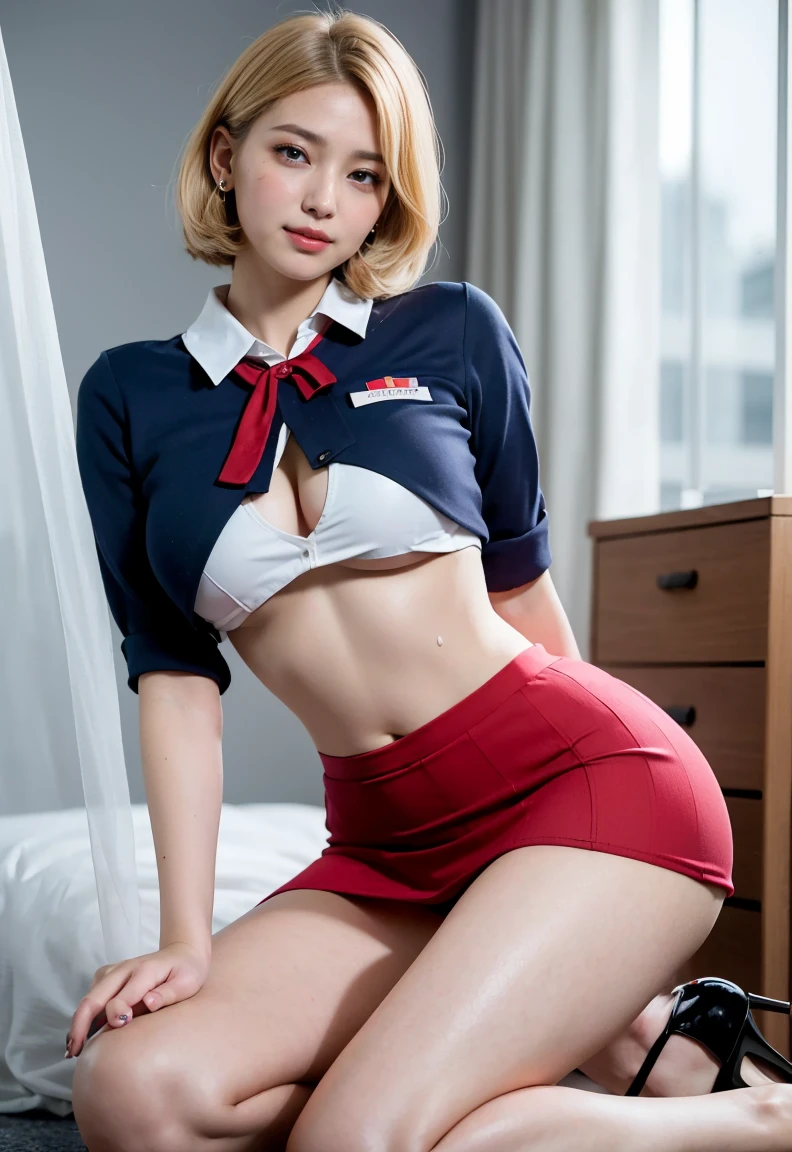 19 years old, Korean Women、Kpop Idol、blazers、neck tie、a miniskirt、Sit on a stool、((Spread your legs apart))、((The skirt flips up))、((Red underwear is visible)), long scattered blonde hair、large full breasts、skiny、full body Esbian、Hands on the head、Hyper-detailing、masterpiece、perfect bodies。