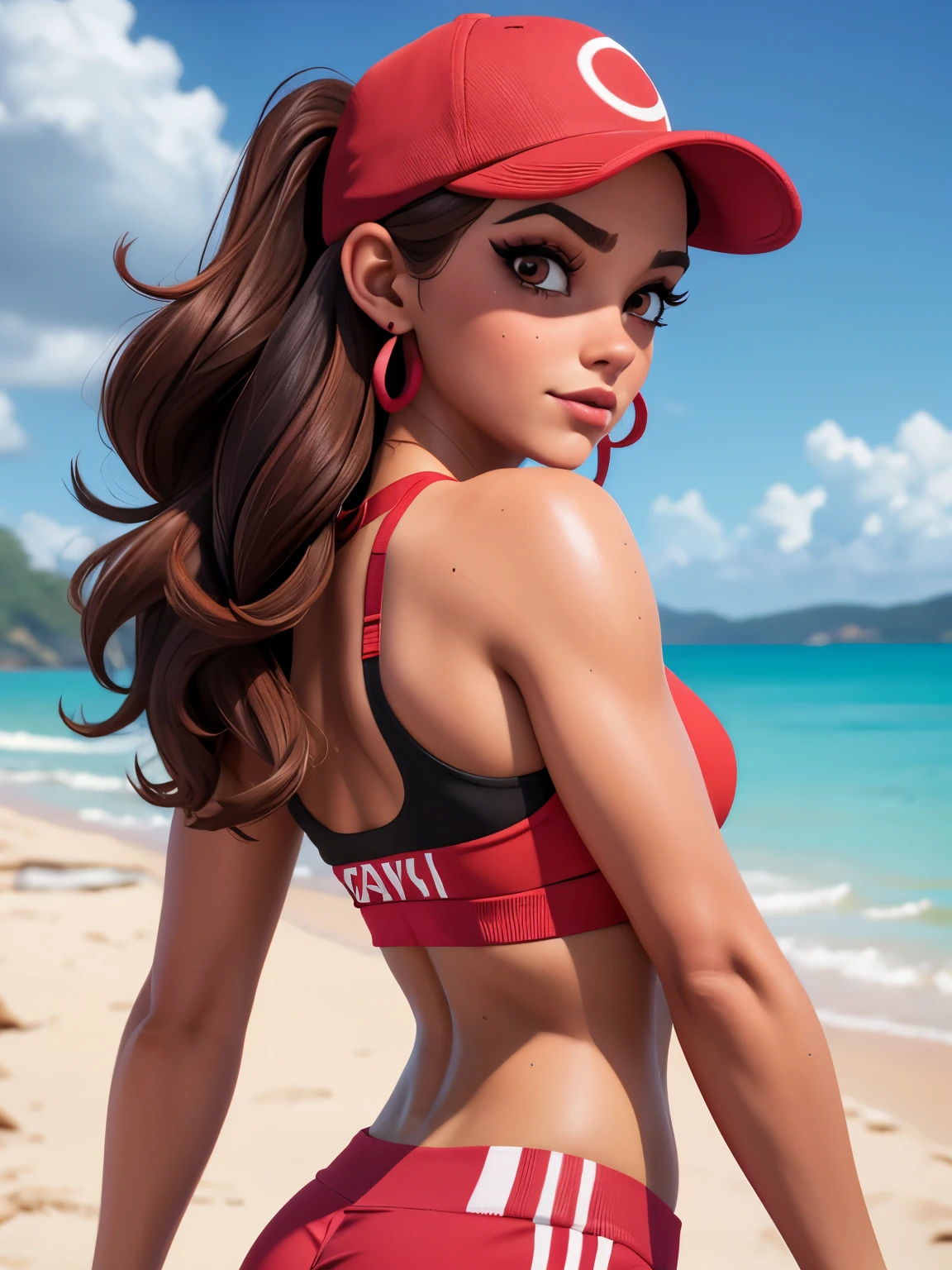 xyzruby, 1girl, brown hair, beautiful, earrings, makeup, vibrant, eyeliner, mascara, 3d render style, looking back at viewer, midriff, sports bra, red headwear, red crop top, bikini bottoms, cap, stripe pattern, at the beach, blush, sweat 