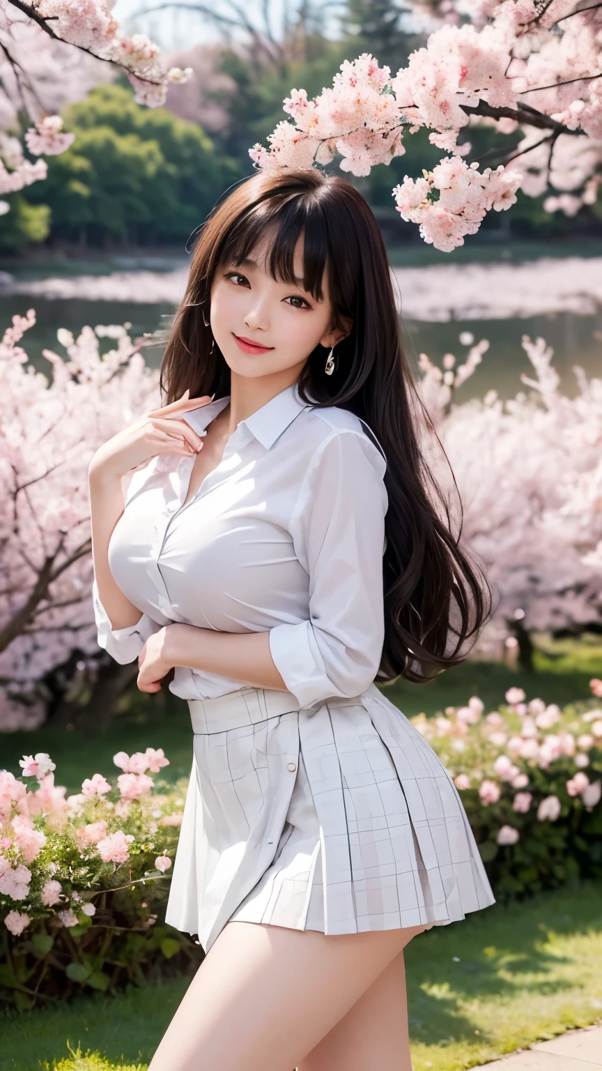 (8k, RAW Photos, highest quality, masterpiece: 1.2), (Very detailed), (Super Resolution), (Genuine, Genuine photos: 1.37)、(Portraiture), (High-quality RAW color photos)、 (Professional photos).( Very detailed and beautiful new),(Very detailed), (8k wallpaper),(Amazing details),(Large file size),(Official Art,),(Very detailed),(8k wallpaper), (Very detailed beautiful girls),(Very detailed facesHighly detailed eyes),(Very fine skin),(Very detailed fingers,),(Very small nose),(Very detailed detailed mouth),(Perfect Anatomy),(Detailed Background),(High Quality Clothing),(20-year-old),(cute girl), (Genuineistic body),(White skin),(Glowing Skin), (Blunt bangs: 1.2), (smile),(cute),(cute face),(Genuineistic face), (delicateな目),(Sagging eyes), (Checkered Super Mini Skirt)、(White shirt)、(school uniform)、Earrings、Looking at the camera, Dynamic Lighting, G-cup breasts,Big Breasts、(Background of cherry blossom trees on the riverbed)、(Dynamic Sexy Pose 1.2)、(The first and second buttons of the shirt are open)、(thin legs 1.2)、(delicate, Plump and moisturized lips)、(I can see the valley)