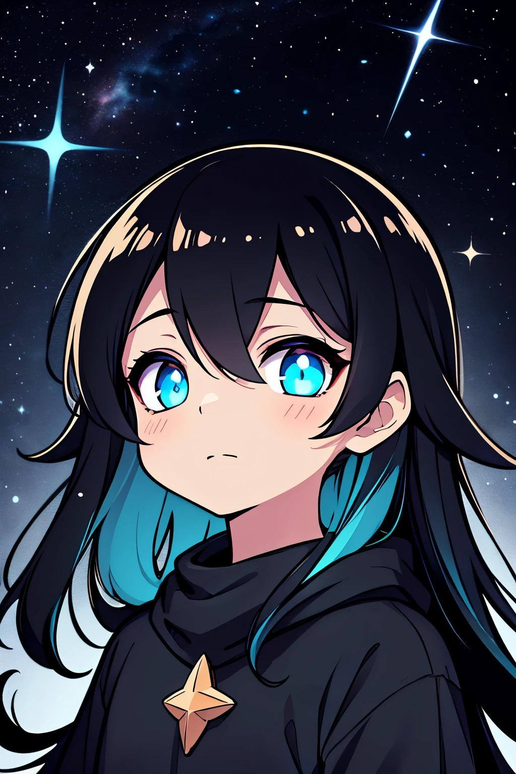 (high-quality, breathtaking),(expressive eyes, perfect face) portrait, halfbody, 1boy, male, solo, kid, Symmetrical Eyes, age 10, cyan color eyes, long hair length, soft flowy hair, soft smile, side bangs, looking at viewer, happy expression, black hair color, dark celestial skin body, void cosmic body, jet black skin, black blackground, space background, galaxy background, stars, constellations, starry sky,
