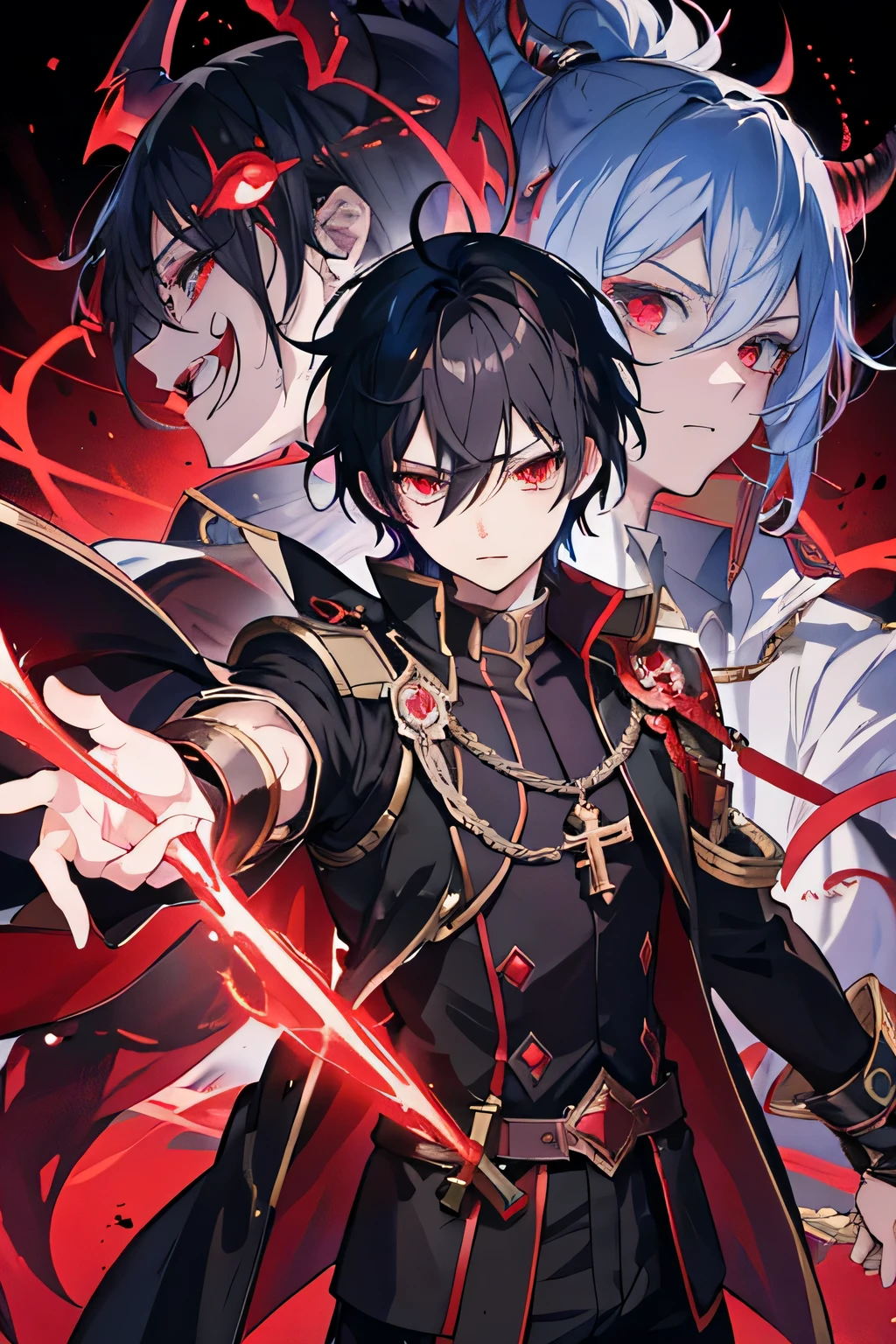 Anime boy with red light in hand, shadow young wizard, Epic anime style, anime key artโดยละเอียด, Shadowverse style, Fantasy style anime, Demon Man, anime key art, conjunctivitis, black hair, chief'A strong man in uniform fights against demons.