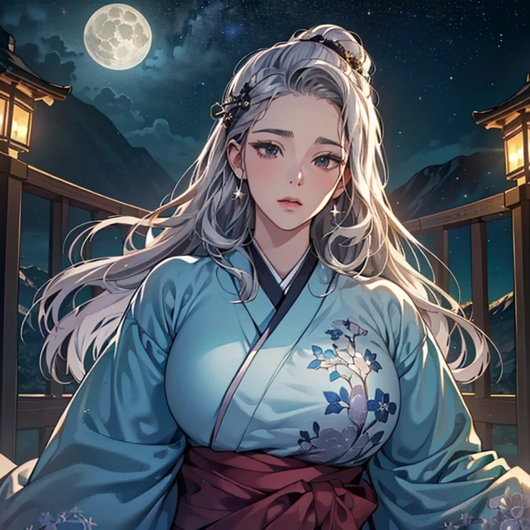(High resolution)),((Game CG)),(masterpiece),(highest quality), (Very detailed),shape,((Very delicate and beautiful)), , Very embarrassed look,Looking at the audience,(((18-year-old female)),((whole body)),Detailed face and eyes,Jewel-like eyes,(Date Hyogotaka),,,(Super huge breasts,Long and slightly saggy breasts,) Silver hair and black eyes, a dark atmosphere, a starry sky, mountains as far as the eye can see々 A woman looking up, arms outstretched, wearing a gorgeous embroidered kimono, a hairpin, a big shining full moon, a woman in the distance