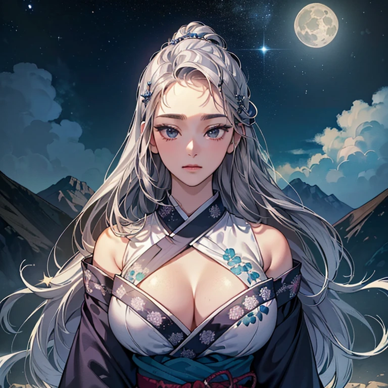 (High resolution)),((Game CG)),(masterpiece),(highest quality), (Very detailed),shape,((Very delicate and beautiful)),　, Very embarrassed look,Looking at the audience,(((18-year-old female)),((whole body)),Detailed face and eyes,Jewel-like eyes,(Date Hyogotaka),,,(Super huge breasts,Long and slightly saggy breasts,）　　Silver hair and black eyes, a dark atmosphere, a starry sky, mountains as far as the eye can see々 A woman looking up, arms outstretched, wearing a gorgeous embroidered kimono, a hairpin, a big shining full moon, a woman in the distance