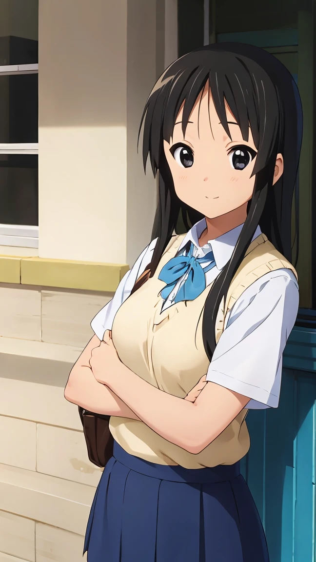 (((Perfect picture))), One girl, alone, mio akiyama, , Sweater vest, Short sleeve, View your viewers, smile