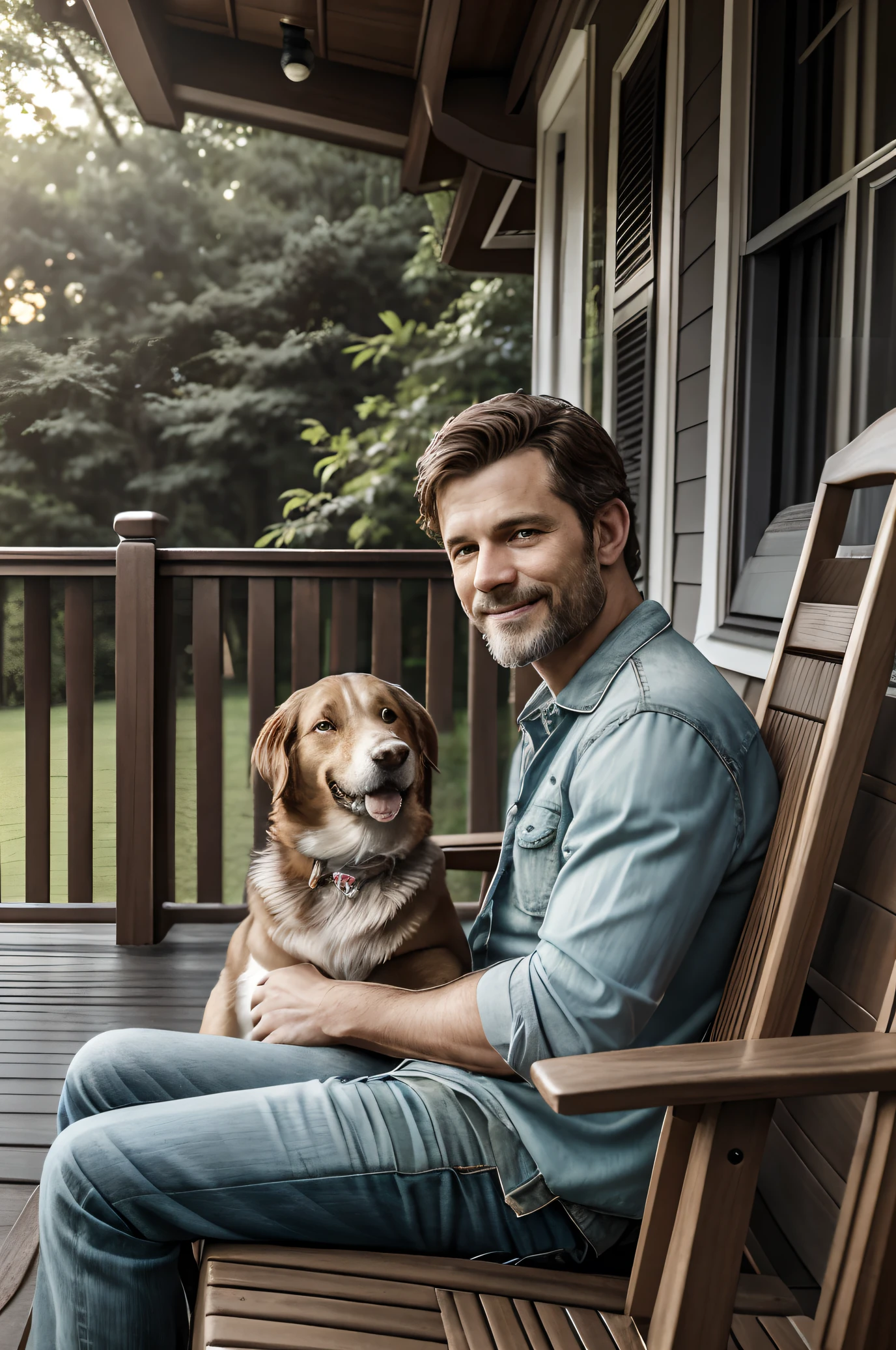 (realistic,Ultra HD,8K,picture),man sitting on the porch,dog sitting next to person,house,peaceful atmosphere,outdoor environment,Warm sunshine,green trees and plants,Cozy wooden entryway furniture,Breeze,happy and satisfied expression,loyal dog,bond between people and dogs,welcoming and inviting,tranquil landscape background。