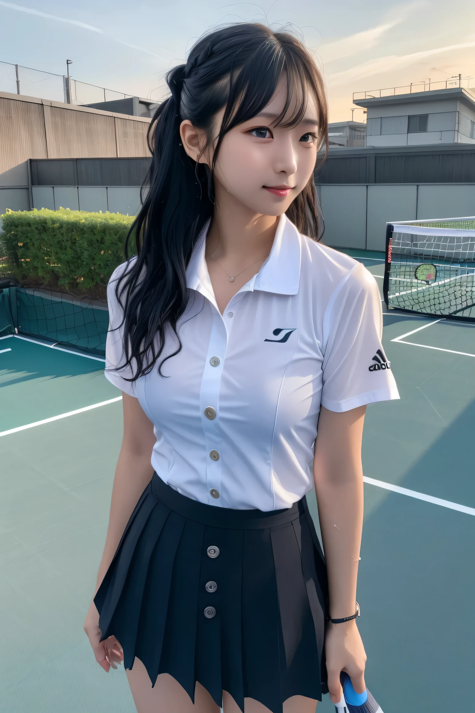 ((realistic lighting, highest quality, 8K, masterpiece, medium shot: 1.3)), clear focus: 1.2, 1 girl, perfect figure: 1.4, plump bust,((black hair)),((With bangs)),(tennis wear: 1.4), in the gym changing room, Lockers etc. in the background,Sitting on yoga mat,Moderately thin calves,exposed thighs,white ankle-length socks,white sneakers,super fine face, fine eyes, double eyelid,(White pleated mini skirt), open your legs,White panties are visible,Taking a selfie with a black smartphone in his right hand,Your face is hidden by your smartphone