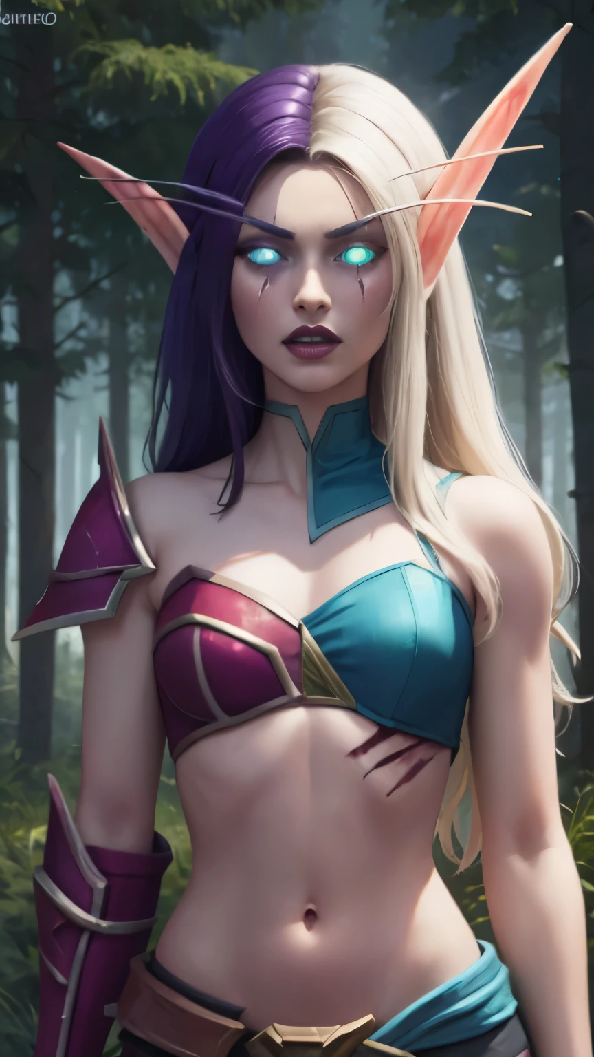 (Masterpiece, highly detailed, highly quality,  highly resolutions), line between the middle, half with nightelf half with bldelf, ({{SplitScreen, split screen, BREAK nightelf, angry, clenched teeth, scars on face, glowing eyes, blue eyes, Purple Hair, colored skin, mature female, purple midriff, navel, purple shoulder pad, purple lips, looking at viewer, forest, night, bare shoulders, spring season}}), vs, (SplitScreen, split screen, BREAK bldelf, angry, clenched teeth, blood strains on faces, glowing eyes, yellow eyes, Blonde hair, colored sclera, mature female, red short shirt, navel, red shoulder pad, red lips, looking at viewer, forest, day, bare shoulders, Fall season))