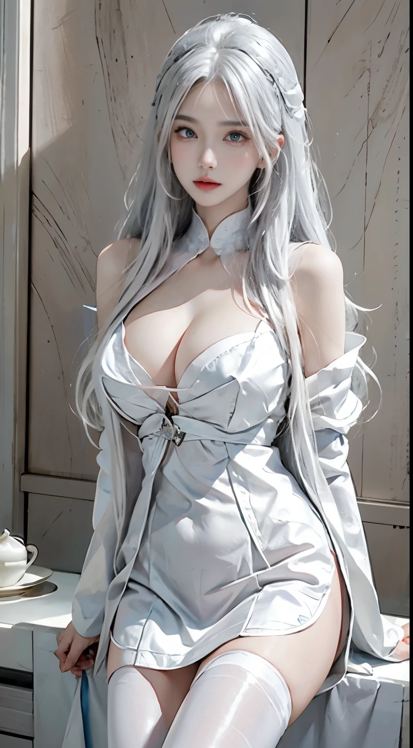 Realistically, high resolution, 1 female, Solitary, (Detailed face), white hair, White hair, maid outfit, Jewel-like、Blue eyes、white hair、Silver Hair、((fair :1.1)), 0p、mix4, (Best Illustration: 1.1), (The best shadow: 1.1), Express、Glossy and shiny skin。Practical、Reality:1.37)、)(Close her eyes)、(Korean pop idol)、side、Messy hair、Medium Length Hair、(pink blush)、(illuminate)、(solo)、dynamic poses、(slim legs)、North African Trade Zone、Very detailed ambient occlusion、超high resolution, Super Practical, Very detailed, (stunned),Beautiful breasts、Huge breasts:1.4,plump breasts