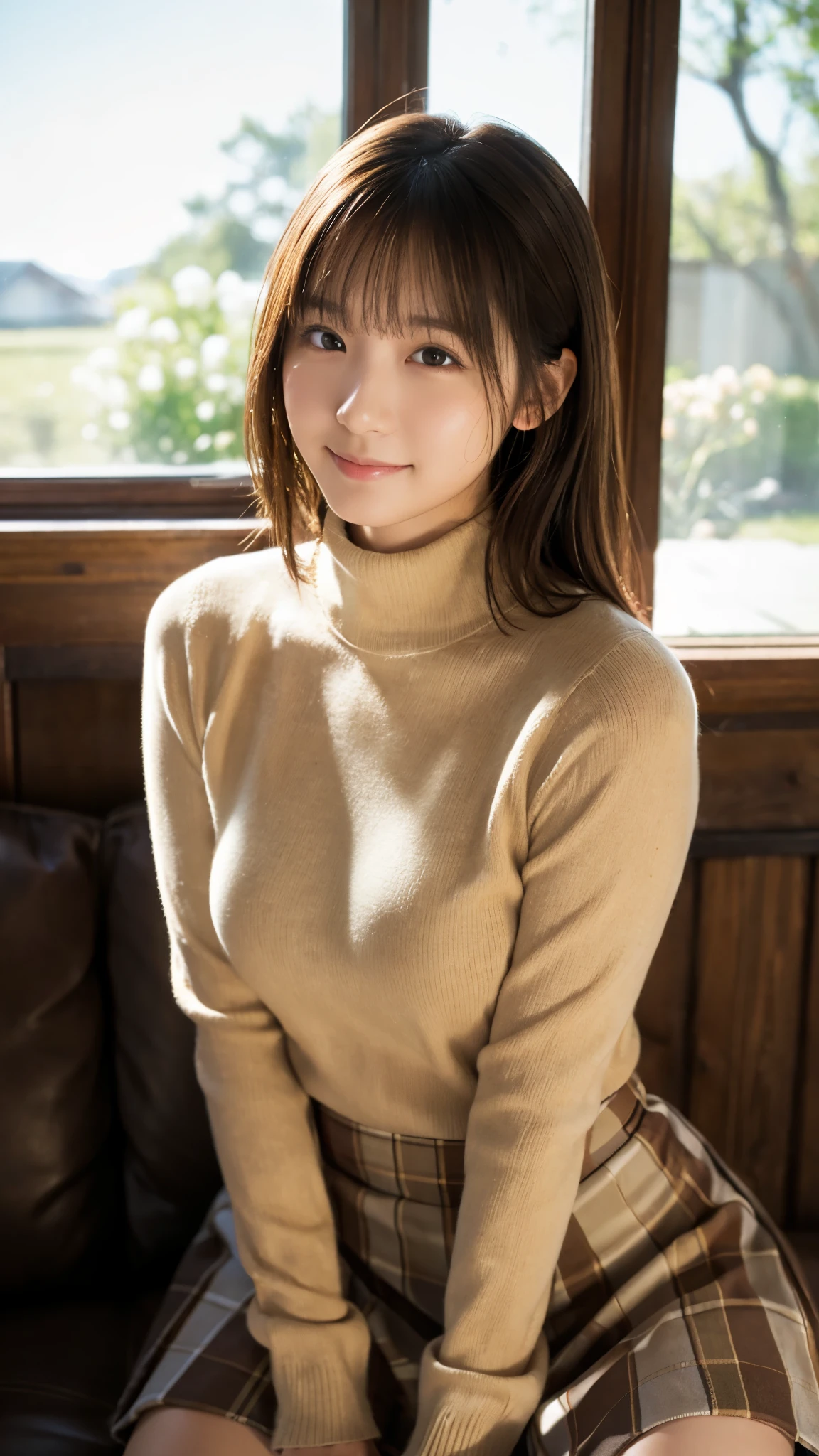 (highest quality,masterpiece:1.3,Ultra-high resolution),(Super detailed,Caustics,8k),(Photorealistic:1.4,RAW shooting),Inside the room,(girl sitting on the sofa),18-year-old,cute,Japanese,Natural brown medium hair,Big Breasts,Turtleneck sweater,mini skirt,(smile),Looking into the camera,(The warm spring sunshine shines in),(Side Shot),Natural light