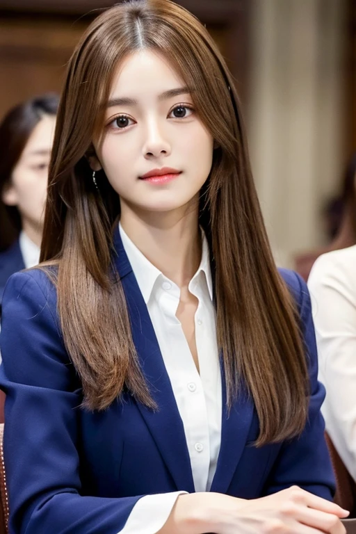 masterpiece,brown hair、Long Hair best quality, (Realistic:1.4), 8k, , Ultra-high resolution, Very detailed eyes and face, Very detailed, Confused, Professional,1 girl, ,skinny,Looking at the audience,suit,Upper Body,office lady, Zhang Jiaren,Long Hair, Sitting,
