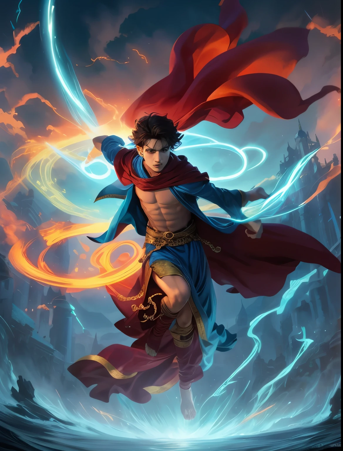 an image portraying the binding of the Jinn. huge genie susspended in mid air, Hero  man in robes and maroon cape whip tying th Jinn furiously, double exposure, 34k resolution, A supernatural creature who does one's bidding when summoned, A jinni, jinnee