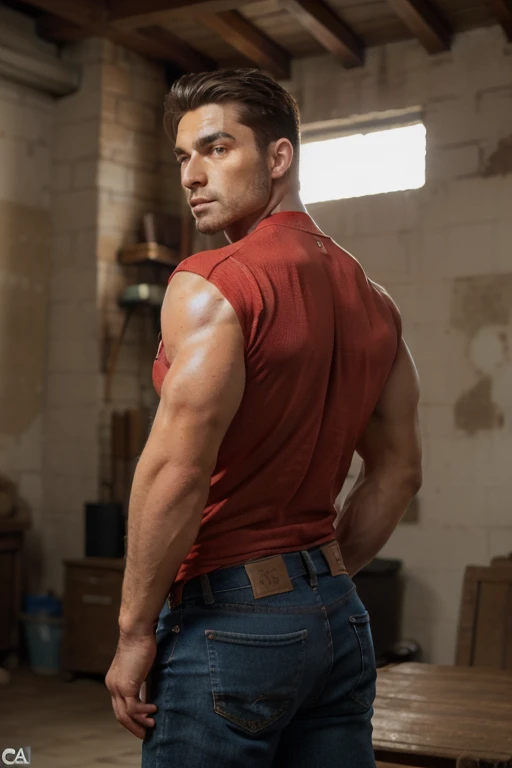 imposing and muscular European man named Gaston, crudo y masculino, ((Iconic fitted red shirt)), ((Extraordinarily large bulging biceps)), ((retrato)), ((cara detallada)), ((rasgos faciales distintivos: strong jaw, ojos hundidos)), ((cuerpo peludo y grueso)),, en un ambiente de taller o taberna con poca luz, parado con confianza, ((Colores ricos y alto contraste.)), ((mejor calidad: 16:9 ultra high definition)), ((Sharp, high-resolution RE: 8k)), ((hombre)) ((muscular man)), full body, jeans backside man
