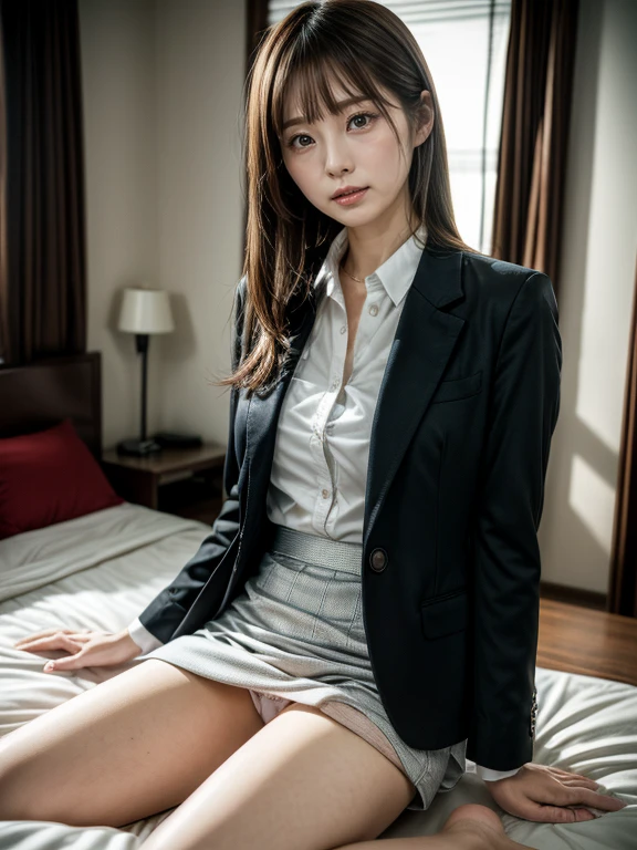 (In 8K，highest quality，masterpiece)，(Realistic，RAW Photos，Super Fine Clear)，Realistic Light，Detailed skin，Beautiful Japanese Woman，((30-year-old woman，))、business scene，Businesswoman&#39;Clothing，suit，Office Fashion，(Long skirt)、Panty shot，White sexy panties，kneeling to spread legs，Thin legs、fine grain，Detailed fingers、thin、Sexual，Ecstasy表情，In the hotel bedroom，a place where there are no people，Ecstasy，Asian Eyes Era