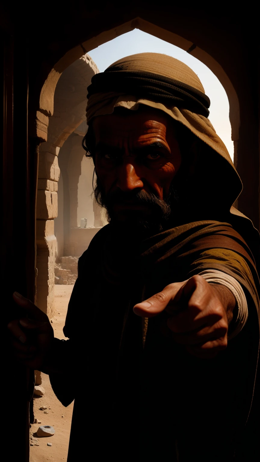 unreal engine,  a poor arab Bedouin man standing proudly and pointing finger wearing torn out clothes standing in a hall