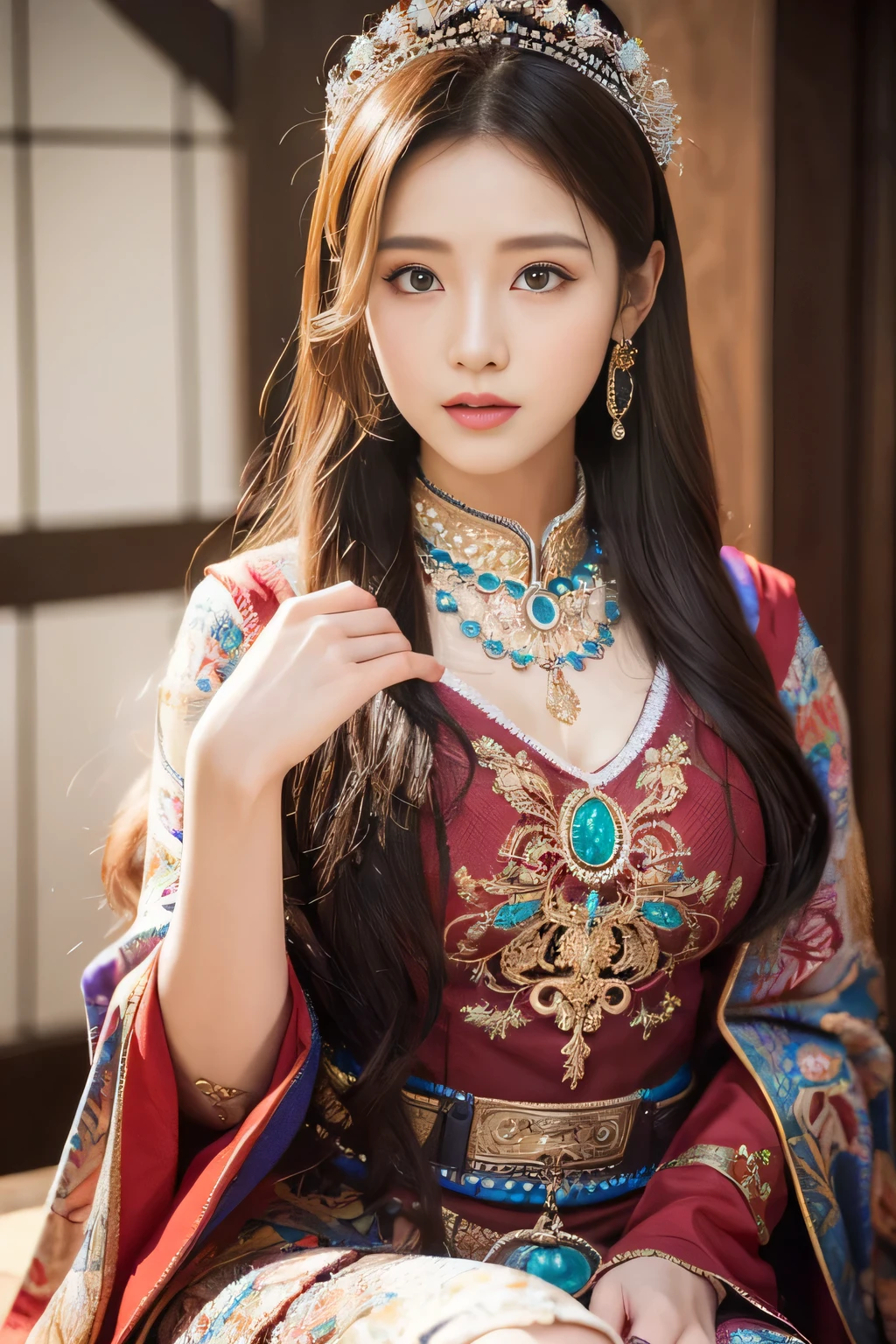 decorated with intricate patterns and symbols of authority、On a majestic jade throne々sit with、Beautiful Japanese Idols、Featuring intricate lace details and vibrant colors、It is a vivid cosplay costume of a mythical creature、Illuminated by a single candle, Cute round face,Two-tone brown and burgundy hair、Extreme close up of face、masterpiece,8th Grade,Beautiful Hands,Beautiful fingers,Ultra-realistic full-body photos,