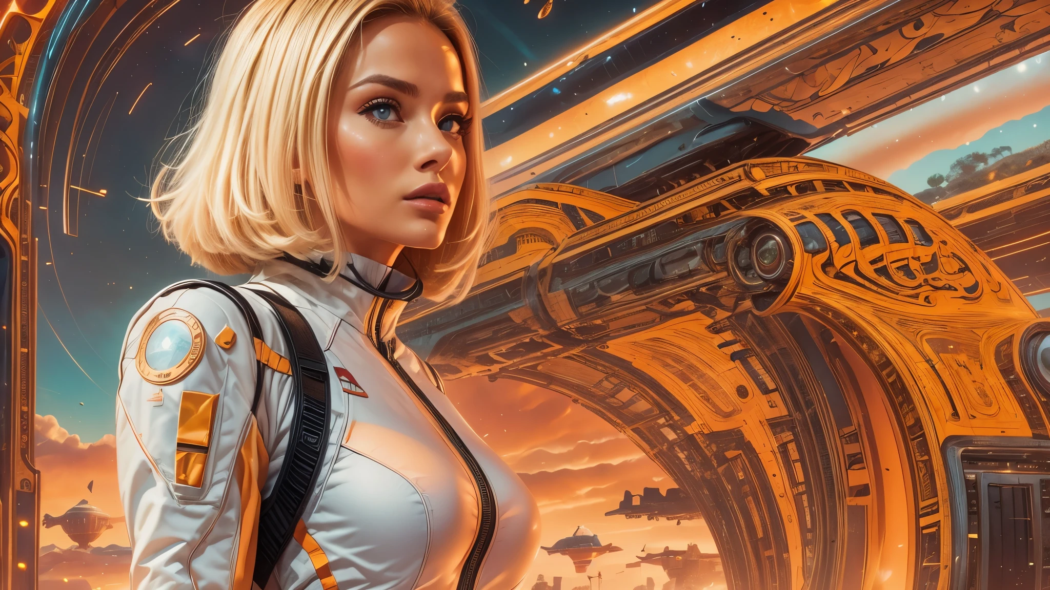arafed image of a white woman in a futuristic suit with a spaceship in the background, movie art, in front of an orange background, inspired by Robert McGinnis, female protagonist, megastructure in the background, portrait of an ai astronaut, astronauts, an astronaut, portrait of a astronaut skeletor, perfect android girl, detailed eyes, perfectly detailed teeth, frank franzzeta and sakimichan  