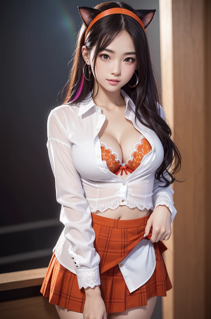 Pretty Asian girl, idol, extremely detailed CG, 8K High Quality, (hyper realistic), Depth of field, Cinematic Light, Lens Flare, Ray tracing, beautiful lips, lots of cute soft freckles, beautiful eyes, intricate detail face, ultra detailed skin, 2 girls, beautiful detailed eyes, seductive sharp eyes, (charming smile: 1.2), smooth white skin, in the dark, deep shadow, front shot, face forward, big eyes, ((dark brown eyes)), random position, pale skin, ((flashy rainbow multicolored hair, orange eyebrows)), thin waist, thin legs, very small perky breasts, detailed cleavage, looking at viewer, tattoos, wear low waist red tartan skirt, tight top that matches skirt, (wear high thighs stockings with hangers from under her skirt),  ((wide gap between thighs:1.6)), (full figure:0.9), hips up, wear cat ears headband, earrings, piercings, navel piercing, jewelry, lots bracelets), ((inside a rave club with people)), (Intense sex appeal of young women), small shoulders, Double Eyelids, very large crotch gap, (micro mini skirt:1.2), makeup, cosplay, ((school uniform), (unbuttoned a white (long shirt) revealing red lace bra: 1.3)), breasts pushing against her bra,
An Asian girl, exhibiting idol-like features, emerges from the depths of shadow in an extremely detailed CG Unity 8K wallpaper. Her beautifully sculpted face boasts intricate details, with ultra-detailed skin that appears almost alive