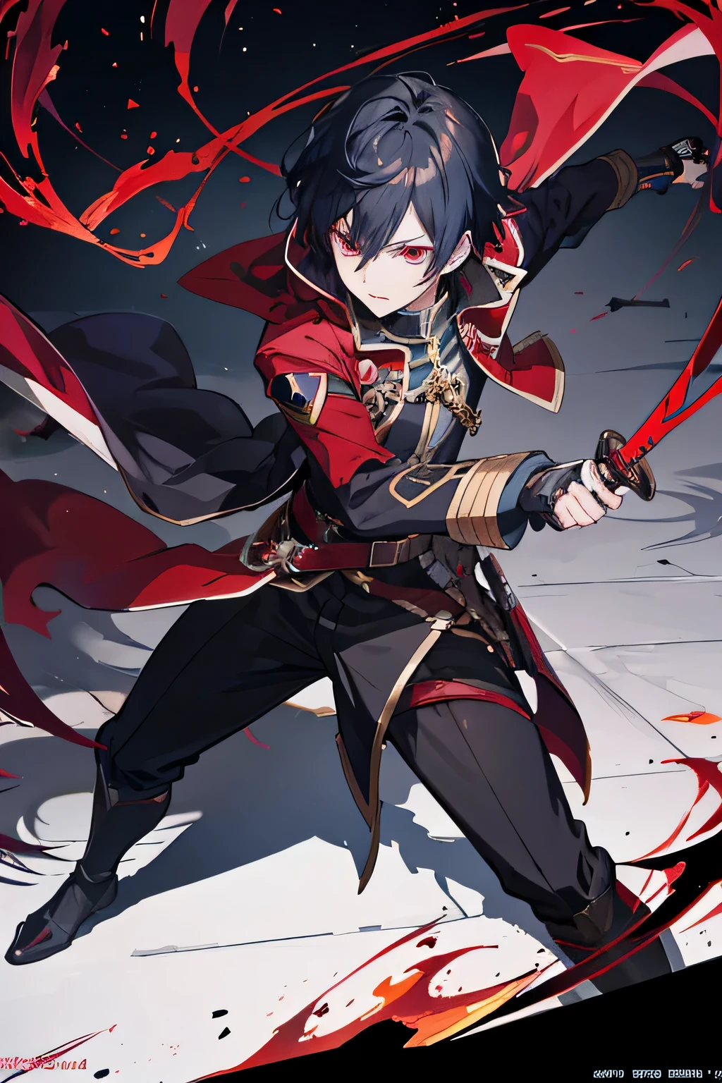 Anime boy fighting with a sword, shadow young wizard, Epic anime style, anime key artโดยละเอียด, Shadowverse style, Fantasy style anime, devil man, anime key art, Red eyes, black hair, commander's uniform,Fencing