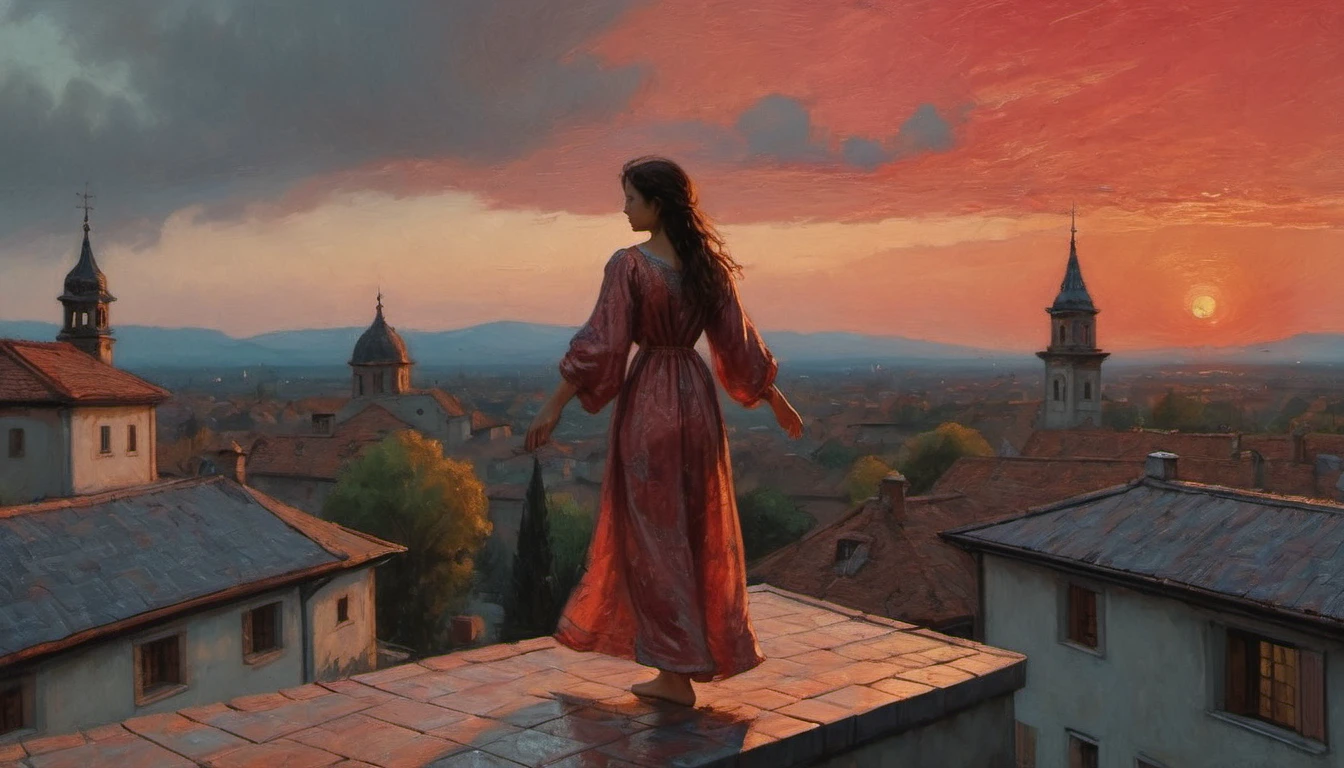 ((top view)): a sleepwalking girl in a nightgown, walking along the curb of the roof of a house, balancing with her arms outstretched, night, a crimson sunset on the horizon, ((created in the style of Albrecht Altdorfer)), Renaissance, dot drawing, ((knife for oil painting)), gradient from rain, complex details, intricacy, aesthetics, ((the best quality, masterpiece)),
((Highest detail), Octane rendering, 8K