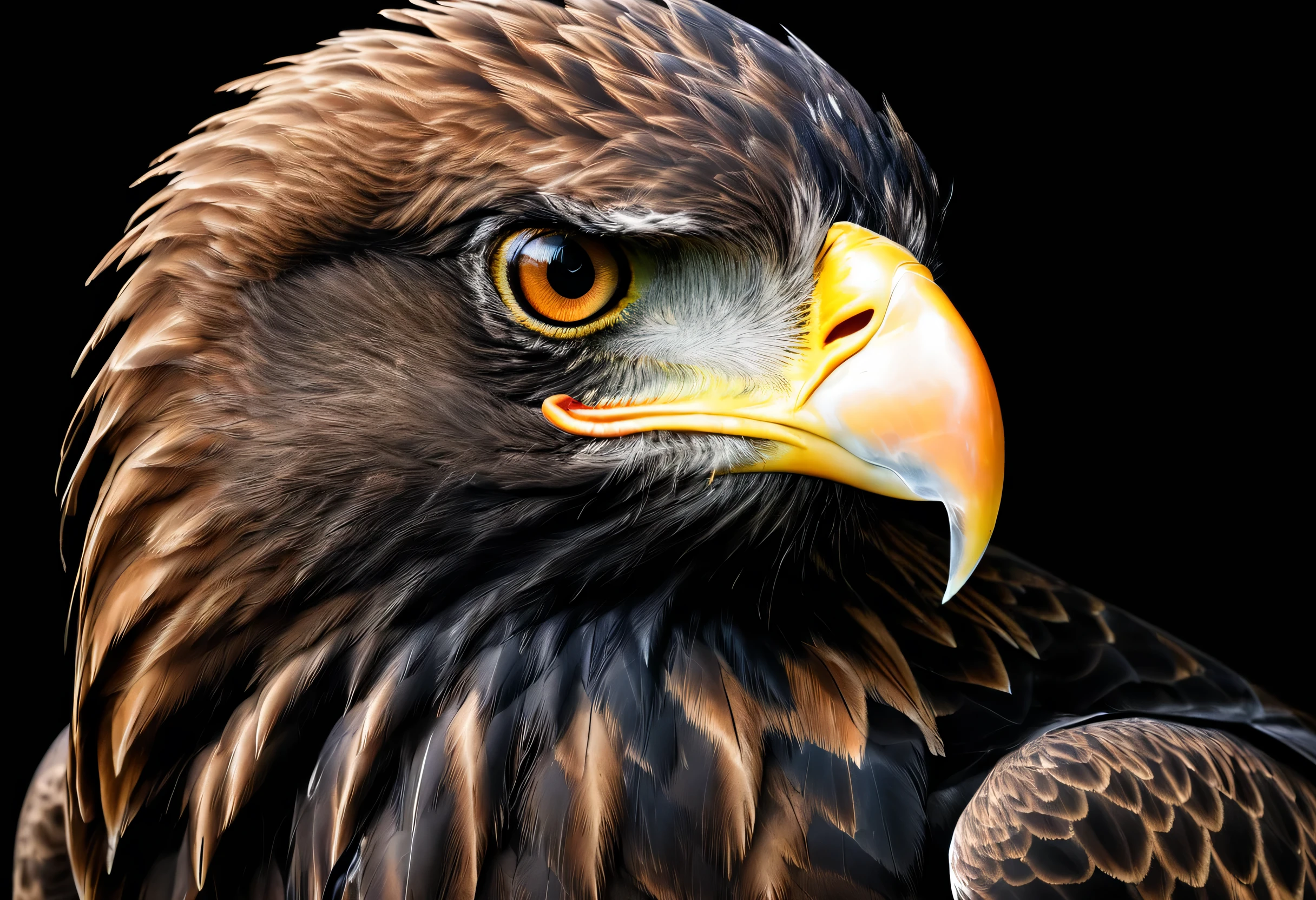 There is a close-up of a bird of prey on a black background, a portrait by László Balogh, Shutterstock Contest Winner, Photorealism, with the beak of eagle, eagle head, head of eagle, beak of eagle, eagle, beak of an eagle, Intense expression, sharply focused, Intimidating gaze