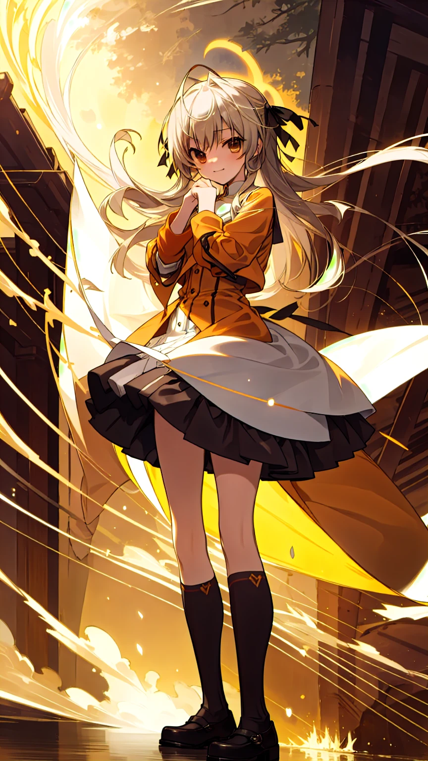 ((masterpiece:1.4, best quality)) ,Kasugano Sora,1 Cute girl,Brown eyes,Happy,eternal，Black knee-high socks Jane Shoes，spring，Sunburst Orange Jacket，Energetic and mischievous