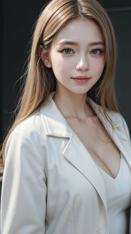 Female doctor,Wearing a white doctor's uniform,Realistic,Dynamic Light,Brush Cut,Thin body type,Cleavage,Full Shot,(Highly detailed CG synthesis 8k wallpaper),High detail,Fixing sharp focus,dramatic,Sagging under the eyes,eyelash,Photorealism、beautiful smile、whole body、医師用のWearing a white coat、Wearing a white coat、Wearing a white coat