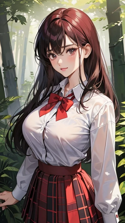 school girl in an forest , waistband of skirt is at the point above chest ,skirt dark red , plaid skirt , pleated skirt , Tight shirt , white Shirt , school girl , skirt under breasts , skirt is near breasts area , red knot , red bow , skirt is adjacent to the chest , rain , big breasts , big tits