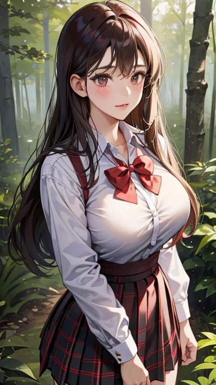 school girl in an forest , waistband of skirt is at the point above chest ,skirt dark red , plaid skirt , pleated skirt , Tight shirt , white Shirt , school girl , skirt under breasts , skirt is near breasts area , red knot , red bow , skirt is adjacent to the chest , rain , big breasts , big tits