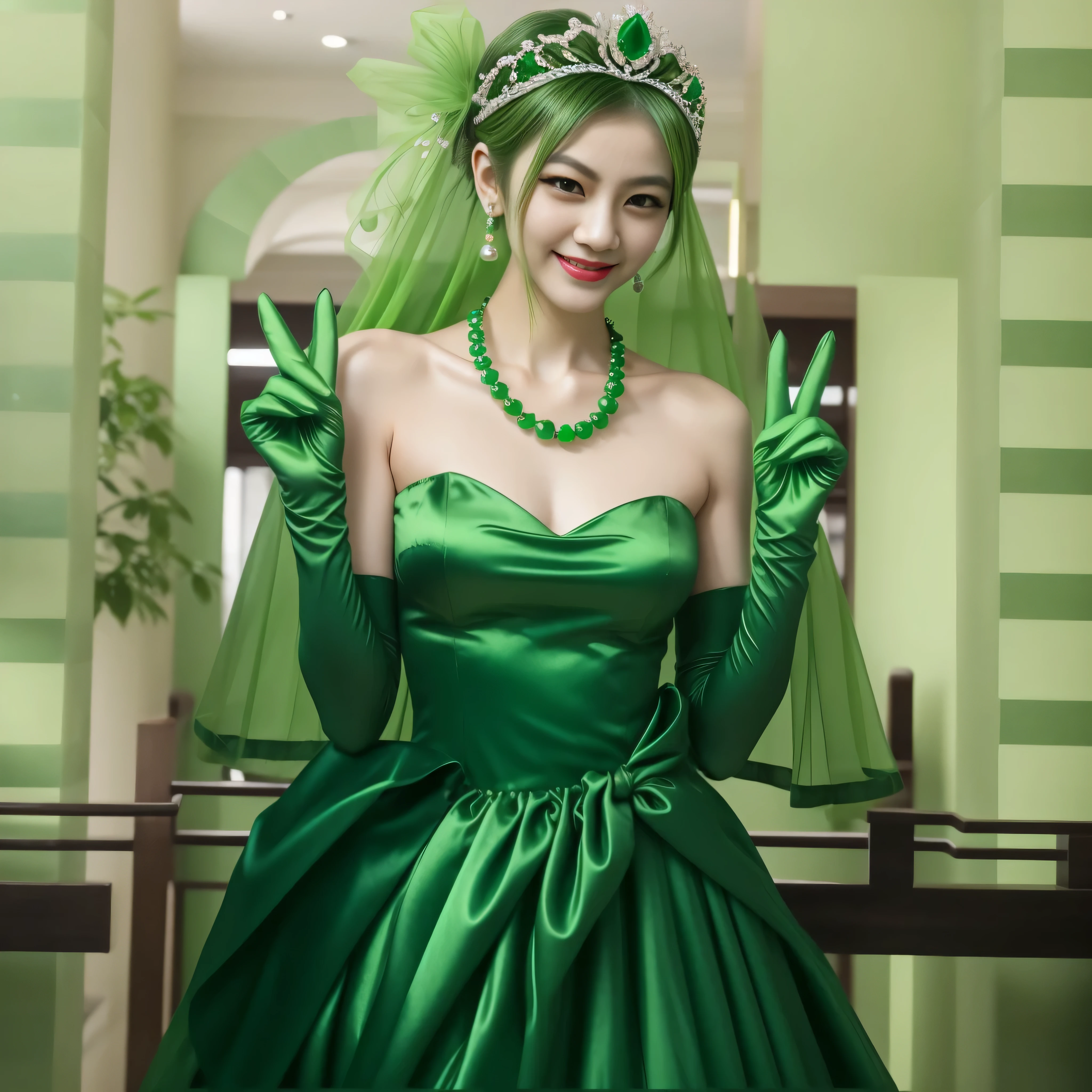 Emerald tiara, Green Pearl Necklace, Boyish very short green hair, lipstick, Smiling Japanese woman, Very short hair, big and beautiful, Green Eyes, Long green satin gloves, Green Eyes, v sign, emerald earrings, Green veil