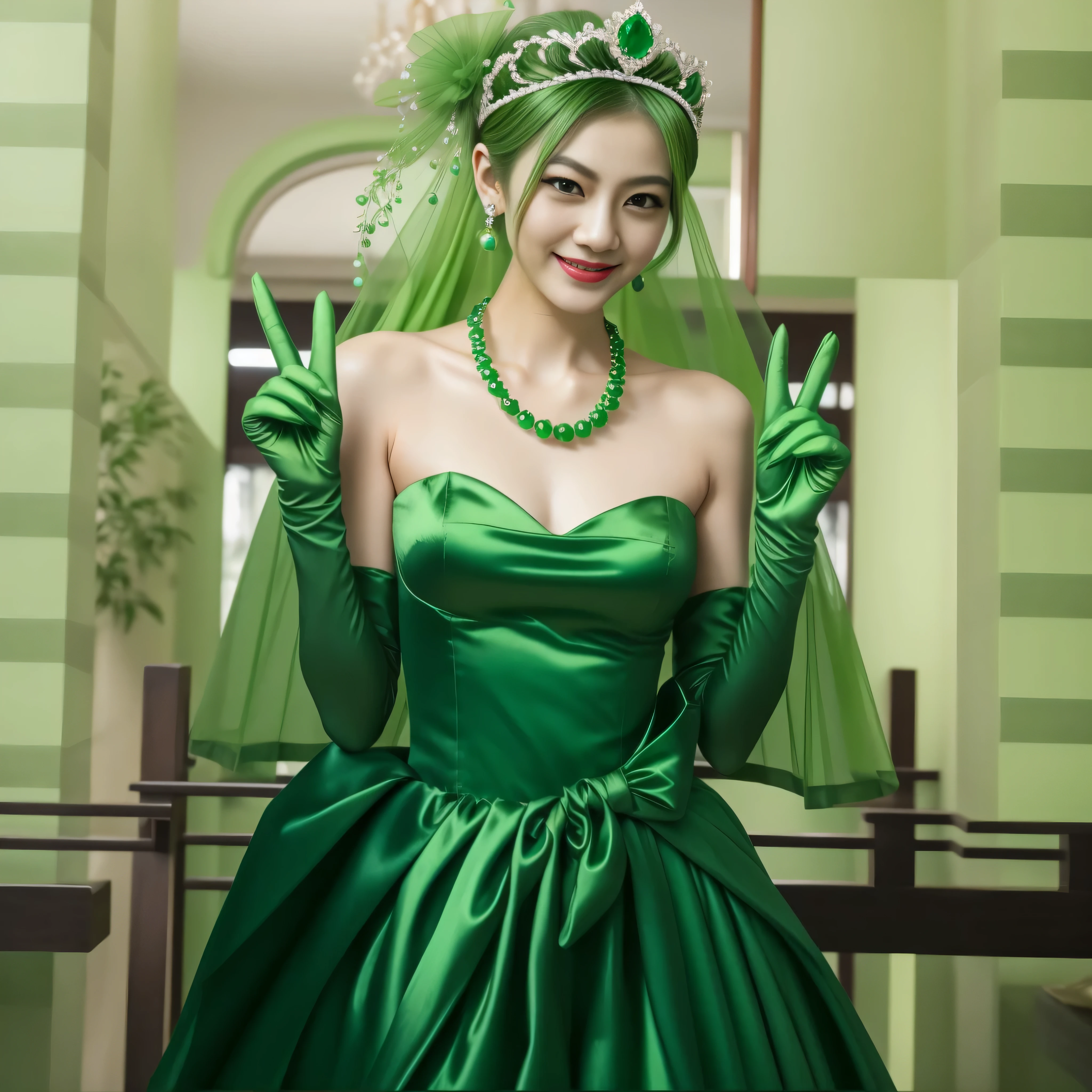 Emerald tiara, Green Pearl Necklace, Boyish very short green hair, lipstick, Smiling Japanese woman, Very short hair, big and beautiful, Green Eyes, Long green satin gloves, Green Eyes, v sign, emerald earrings, Green veil
