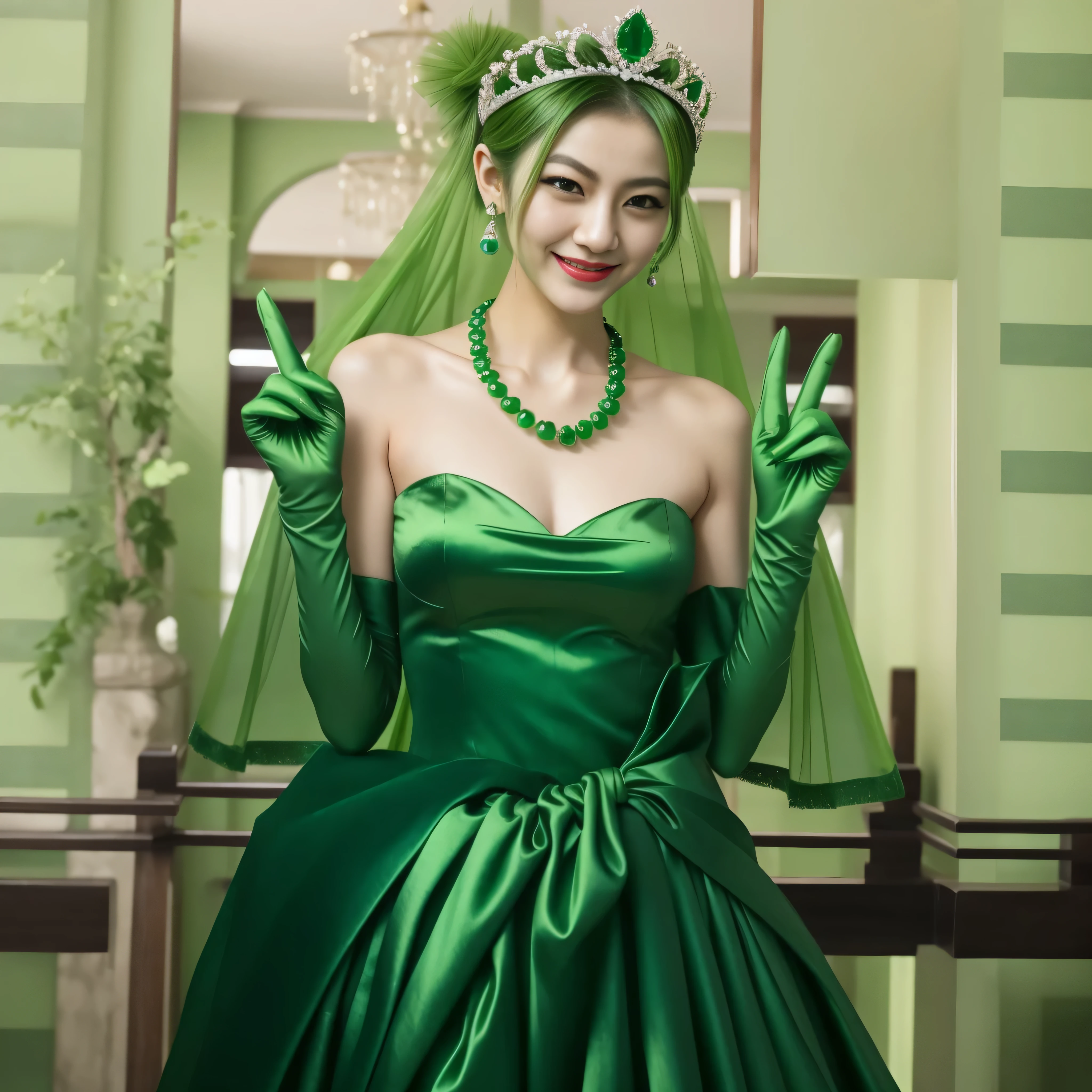 Emerald tiara, Green Pearl Necklace, Boyish very short green hair, lipstick, Smiling Japanese woman, Very short hair, big and beautiful, Green Eyes, Long green satin gloves, Green Eyes, v sign, emerald earrings, Green veil