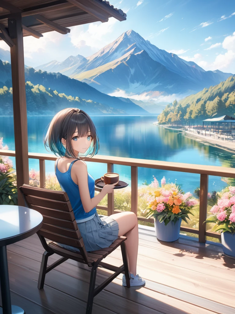 (looking-away:1.4),(masterpiece:1.2)), (best quality),(ultra detailed),(extremely detailed),(absolutely resolution) ,absurdres,8k, 1girl-drinking-hot-coffee-in-cafeteria-outdoor,sitting-on-the-woody-chair, open-terrace, beautiful-landscape-background, mountain, shinny-lake, flowers, cake,
BREAK, ultra detailed eyes, bobcut, (gradation hair:1.3), tanktops, skirt,