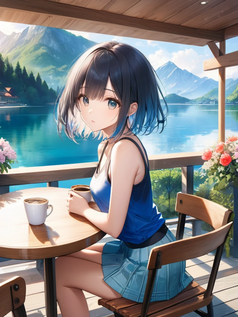 (looking-away:1.4),(masterpiece:1.2)), (best quality),(ultra detailed),(extremely detailed),(absolutely resolution) ,absurdres,8k, 1girl-drinking-hot-coffee-in-cafeteria-outdoor,sitting-on-the-woody-chair, open-terrace, beautiful-landscape-background, mountain, shinny-lake, flowers, cake,
BREAK, ultra detailed eyes, bobcut, (gradation hair:1.3), tanktops, skirt,