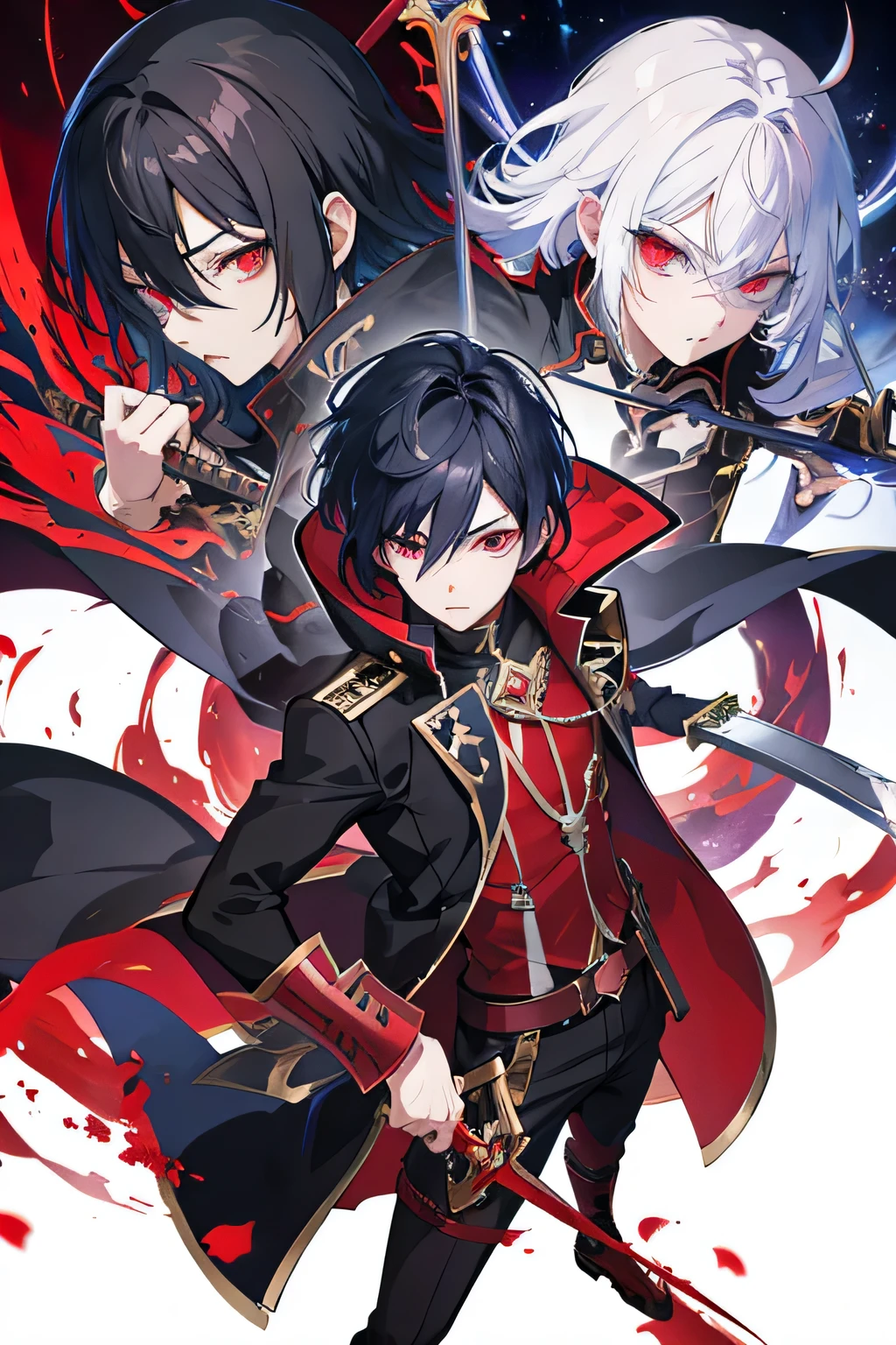 Anime boy fighting with a sword, shadow young wizard, Epic anime style, anime key artโดยละเอียด, Shadowverse style, Fantasy style anime, devil man, anime key art, Red eyes, black hair, commander's uniform,Fencing
