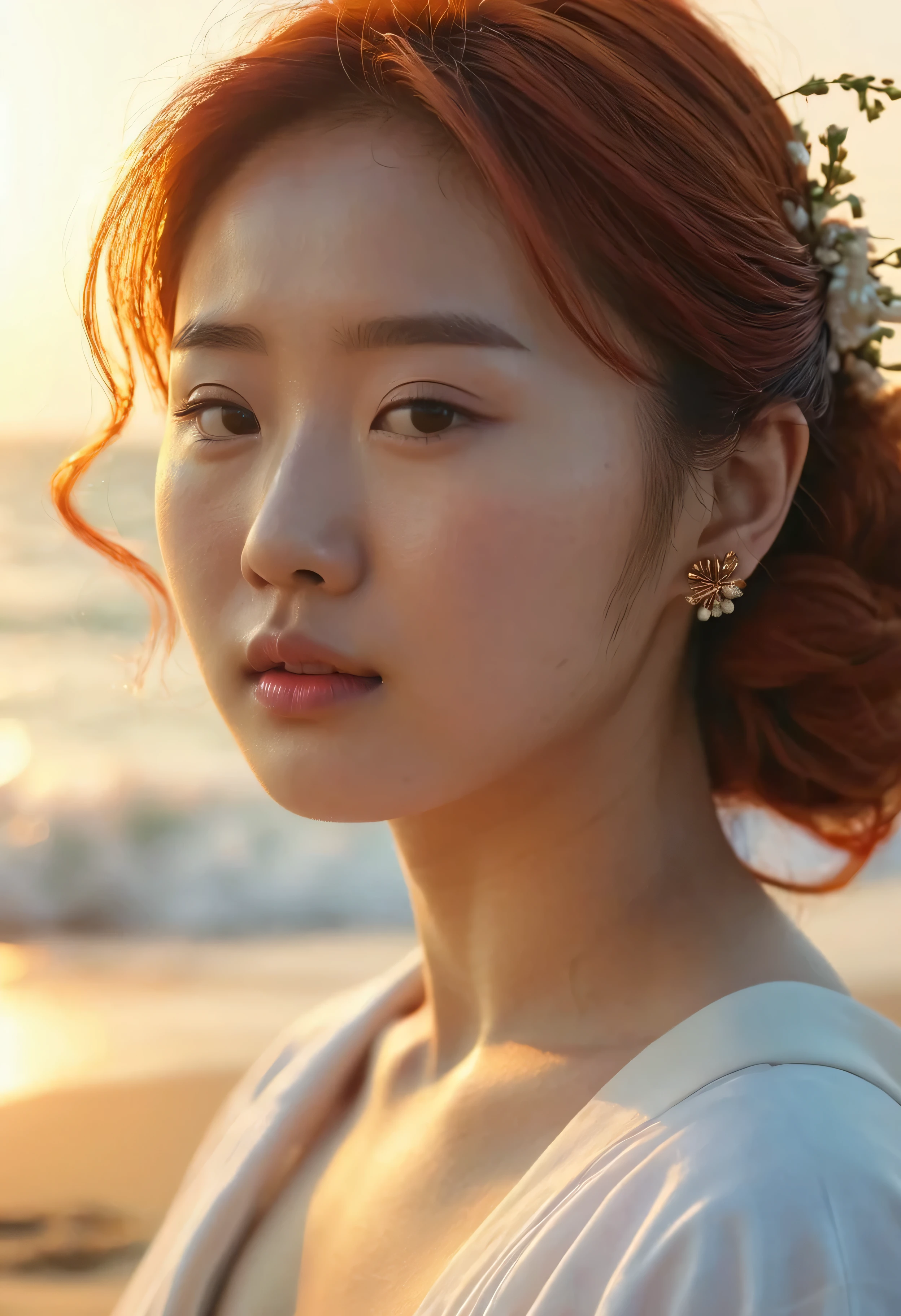 Portrait of the navel on the head of a 20-year-old redhead Korean woman, vestido com uma toga romana antiga coberta de linho, em uma praia, sedution, Sunset, cinematic rendering, 32k, .RAW