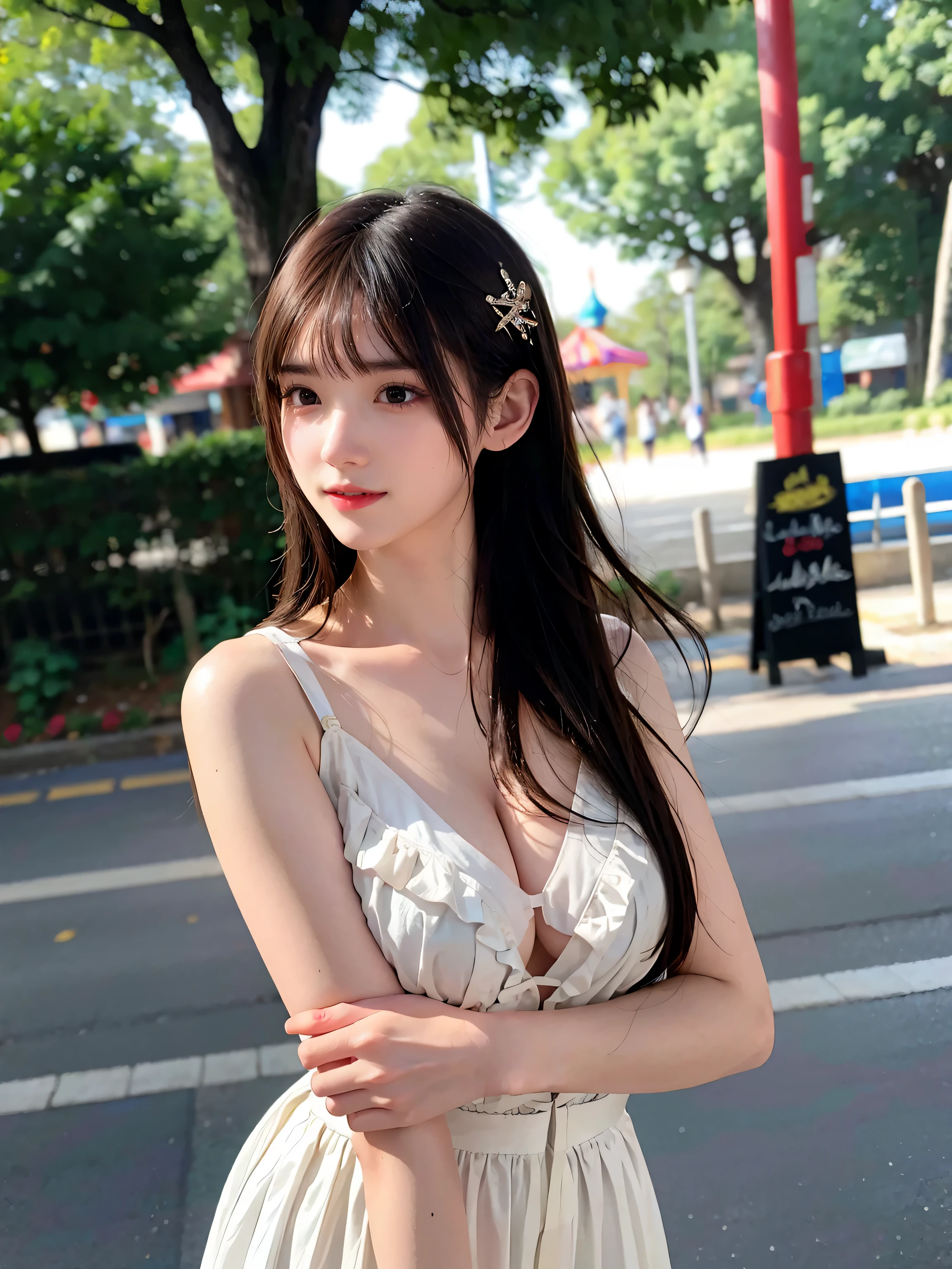 (masterpiece, best quality, Rich in details, realism: 1.3), 1 girl, Upper Body, ( Large Breasts, Sexy, fair, Perfect body: 1.3),Brown hair, Looking at the audience, Lips, Playful, Wearing a dress, amusement park