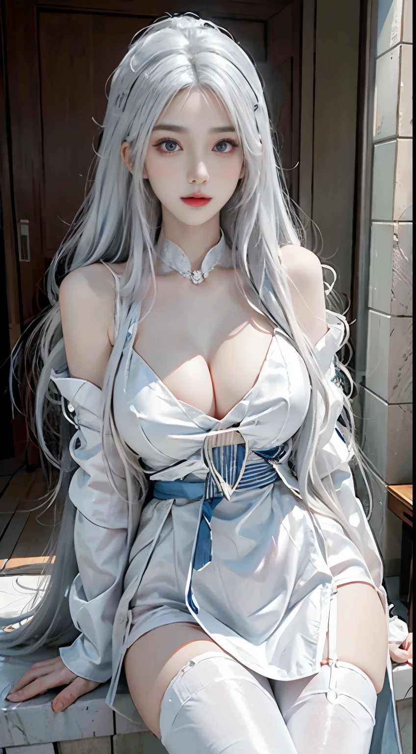 Realistically, high resolution, 1 female, Solitary, (Detailed face), white hair, White hair, maid outfit, Jewel-like、Blue eyes、white hair、Silver Hair、((fair :1.1)), 0p、mix4, (Best Illustration: 1.1), (The best shadow: 1.1), Express、Glossy and shiny skin。Practical、Reality:1.37)、)(Close her eyes)、(Korean pop idol)、side、Messy hair、Medium Length Hair、(pink blush)、(illuminate)、(solo)、dynamic poses、(slim legs)、North African Trade Zone、Very detailed ambient occlusion、超high resolution, Super Practical, Very detailed, (stunned),Beautiful breasts、Huge breasts:1.4,plump breasts