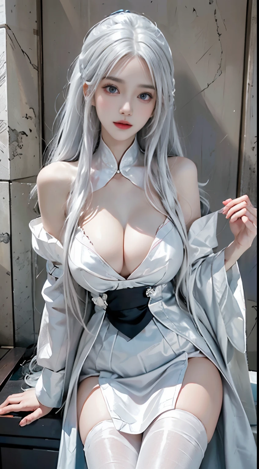 Realistically, high resolution, 1 female, Solitary, (Detailed face), white hair, White hair, maid outfit, Jewel-like、Blue eyes、white hair、Silver Hair、((fair :1.1)), 0p、mix4, (Best Illustration: 1.1), (The best shadow: 1.1), Express、Glossy and shiny skin。Practical、Reality:1.37)、)(Close her eyes)、(Korean pop idol)、side、Messy hair、Medium Length Hair、(pink blush)、(illuminate)、(solo)、dynamic poses、(slim legs)、North African Trade Zone、Very detailed ambient occlusion、超high resolution, Super Practical, Very detailed, (stunned),Beautiful breasts、Huge breasts:1.4,plump breasts