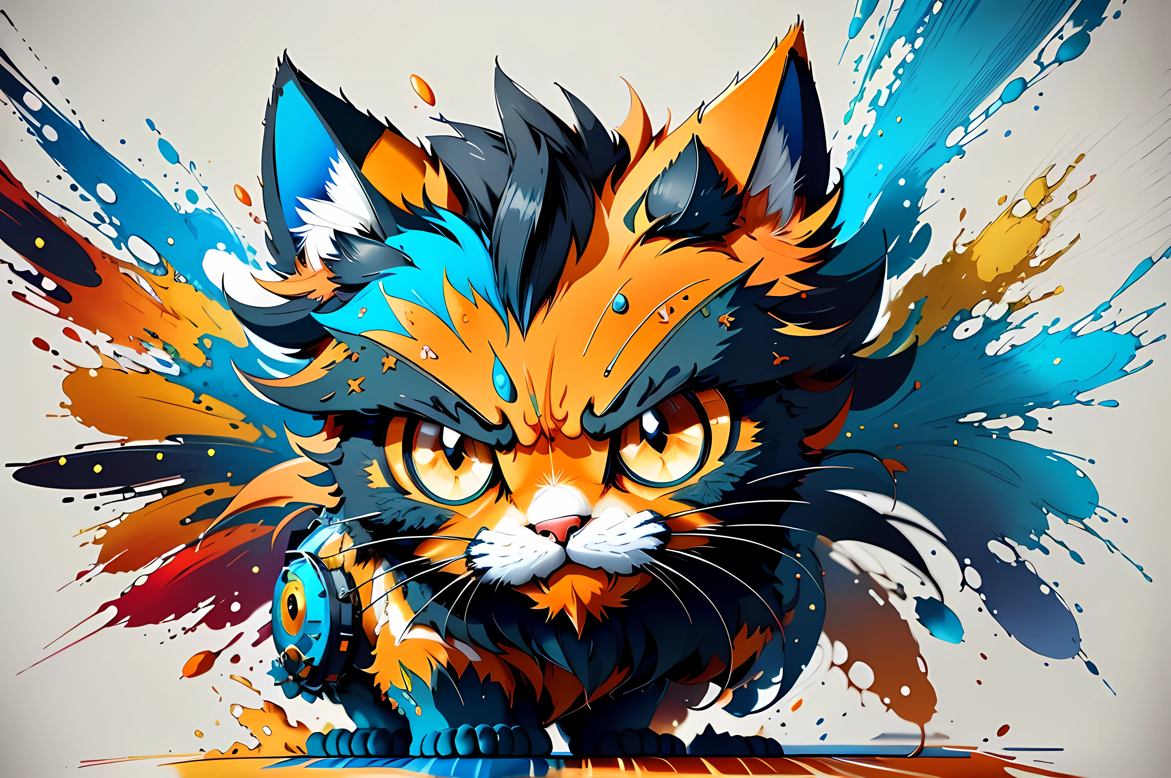 An angry cartoon cat face distortion art，Bright colors，In the form of a futuristic shield，With technical brush and splash effects