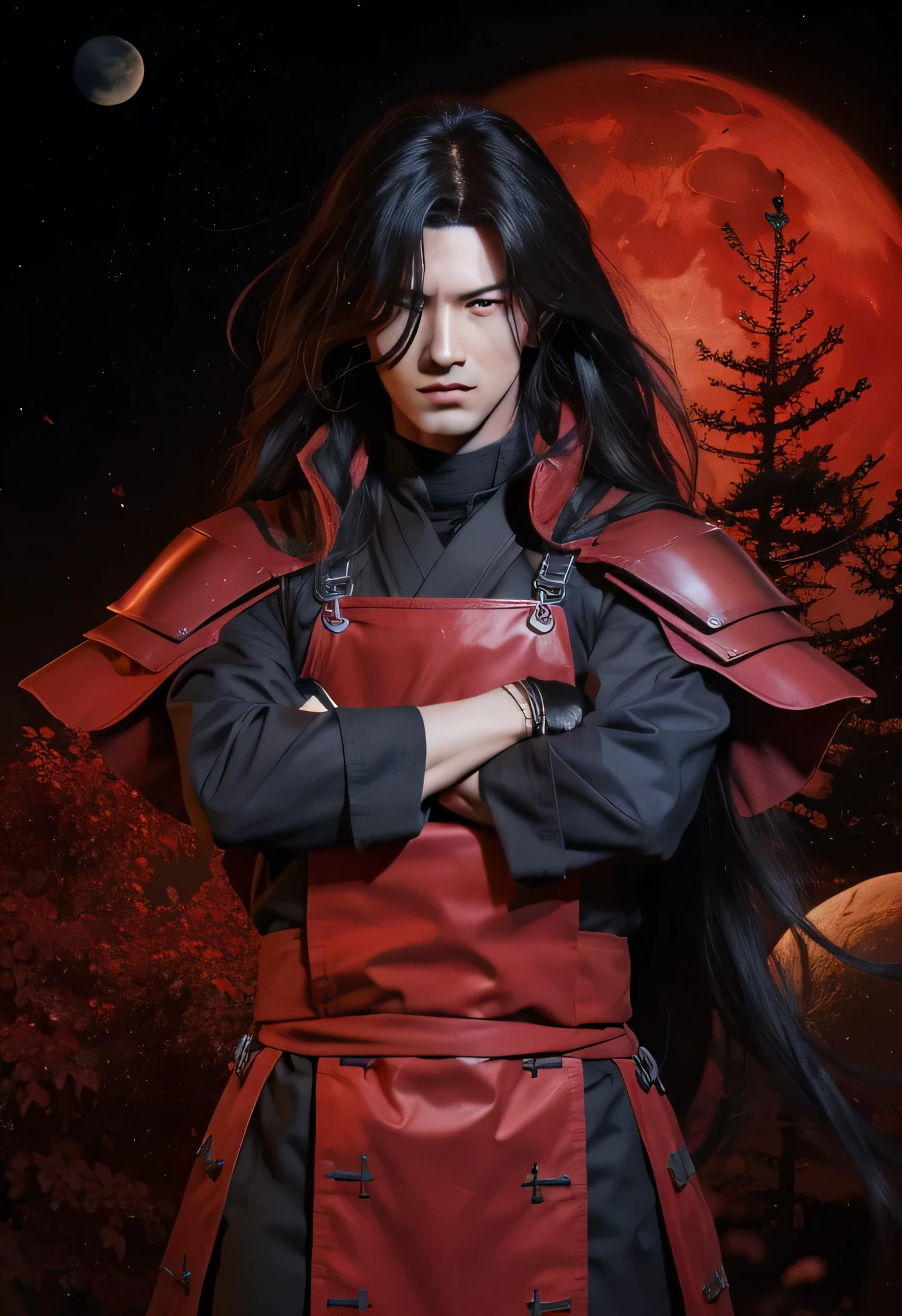 Real life adaption of this character,his name is Madara uchiha from anime Naruto,Korean adult handsome face,realistic long messy hair,realistic outfit with red iron armor like samurai,realistic light,realistic shadow,realistic background,(photorealistic:1.2),very angry expression,red eyes color,the moon in the background is red color
