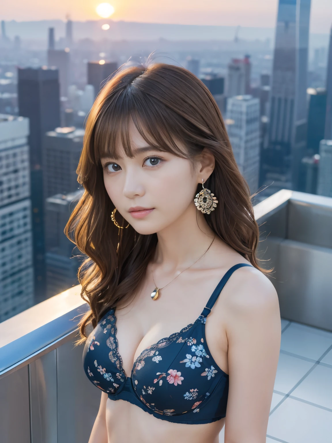 (realistic, photorealistic, best quality, 8k, RAW photo, masterpiece:1.2), beautiful Japanese girl, 20 years old, (slender), detailed face, (cute), kawaii, (wavy hair:1.2), (medium hair:1.3), (light brown hair:1.3), necklace, earrings, bracelet, (underwear with floral patterns:1.3), wedgie, (detailed eyes), (blue eyes:1.1), medium breasts, cleavage, (looking back at viewer:1.3), (sad), (close-up face:1.2), (standing:1.2), BREAK (rooftop of a skyscraper:1.4), (overlooking sky scrapers), (dynamic angle), (sunset:1.2), (wind:1.5), cowboy shot
