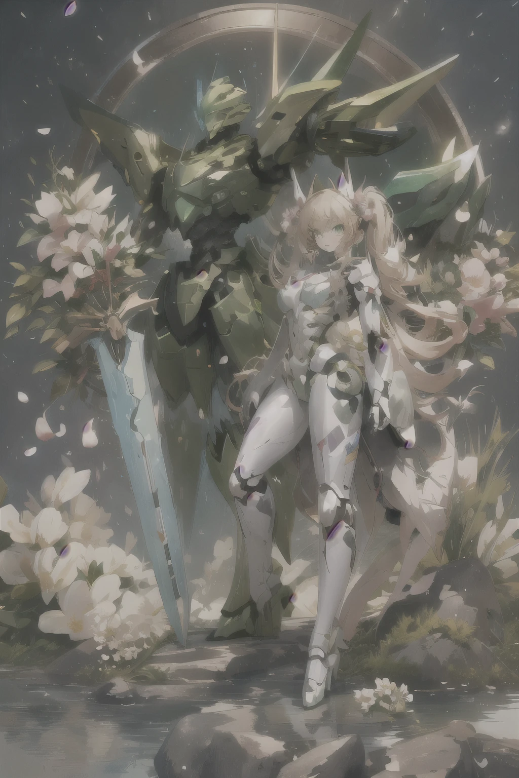 high quality,high resolution,Big Breasts, chest, alone, Blonde Twin Tails, Green Eyes, mecha musume, large chest, Letterbox, flowerびら, flower, , Helmet,