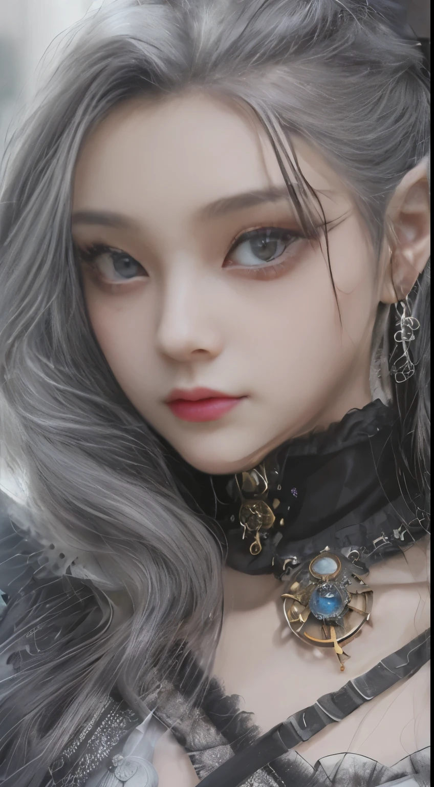 (((Masterpiece, top quality, ultra-detailed))),  ((Incredible quality photorealistic)), (((Very dramatic and dark lighting))), (((1 Infinity Mage Girl))), 14 years old, (((very detailed face))), small thin nose, small thin-lipped mouth, (((very true to life sharp focused eyes))), (((very large slit precision pale grey eyes, sparkling like jewels))), Very long eyelashes, ((Very thick fringes, long black hair in vertical curls))), ((Steampunk fashion, Gothic Lolita fashion)),