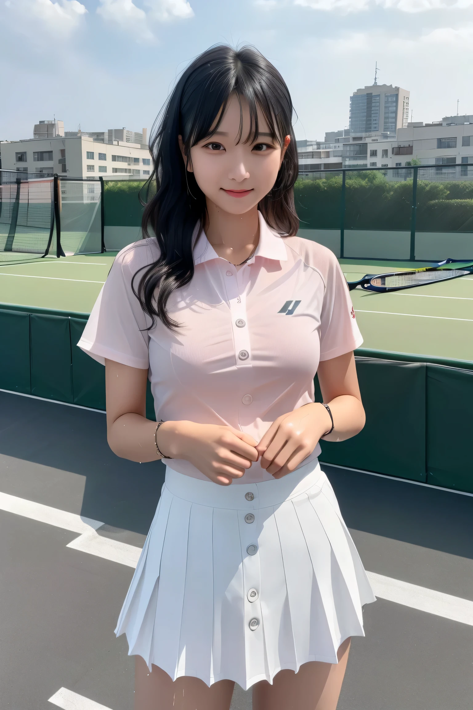 (master piece), (best quality), (ultra high details), (unity 8k wallpaper), high resolution, cinematic lighting,   (full shot), (full body),  (panty shot), ((1 cute girl:1.4)), ((18years-old japanese actress:1.4)), (beautiful detailed eyes:1.5),  (Model Body shype), super detailed skin, thin, large breasts, cleavage, beautiful legs, Blue line, (White tennis wear)、(White polo shirt)、White skort、pixie cut, black hair、A best smile, Tennis court、Sweaty、dynamic play,