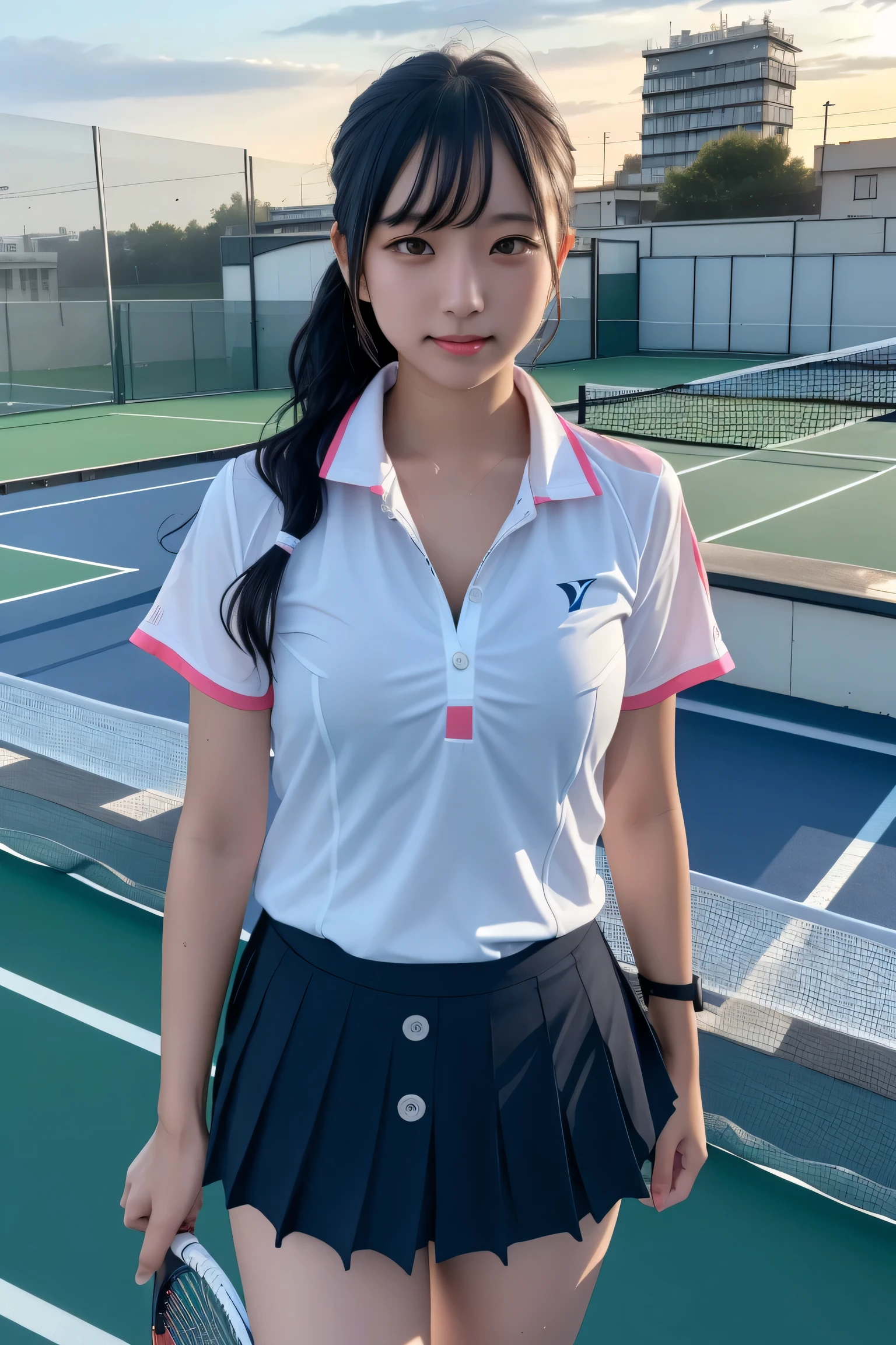 ((Building Rooftop: 1,3)),(table top:1.3), (8K, realistic, Raw photo, highest quality: 1.4), Japanese, (1 girl), beautiful face, (realistic face), (black hair), beautiful hairstyle, realistic eyes, detailed and beautiful eyes, (realistic skin), beautiful skin, Charm, 超A high resolution, surreal, very detailed, golden ratio,1 girl,(18-year-old:1.5),small breasts,japanese girl ,smile,tennis,Tennis wear,insufficient,yonex,wavy hair,(medium hair),Hyper Detail Hair,Photo of Pretty Japanese girls,hair blowing in the wind, confronting,short sleeve、(No bra)(small and beautiful、hard(thin, Damp buttons down shirt length:1.1)、(Rain-soaked tennis wear)、wet body:1.1, (children's pants) ), (torn skirt:1.1),Tennis court on the roof of a building、Late night lighting、