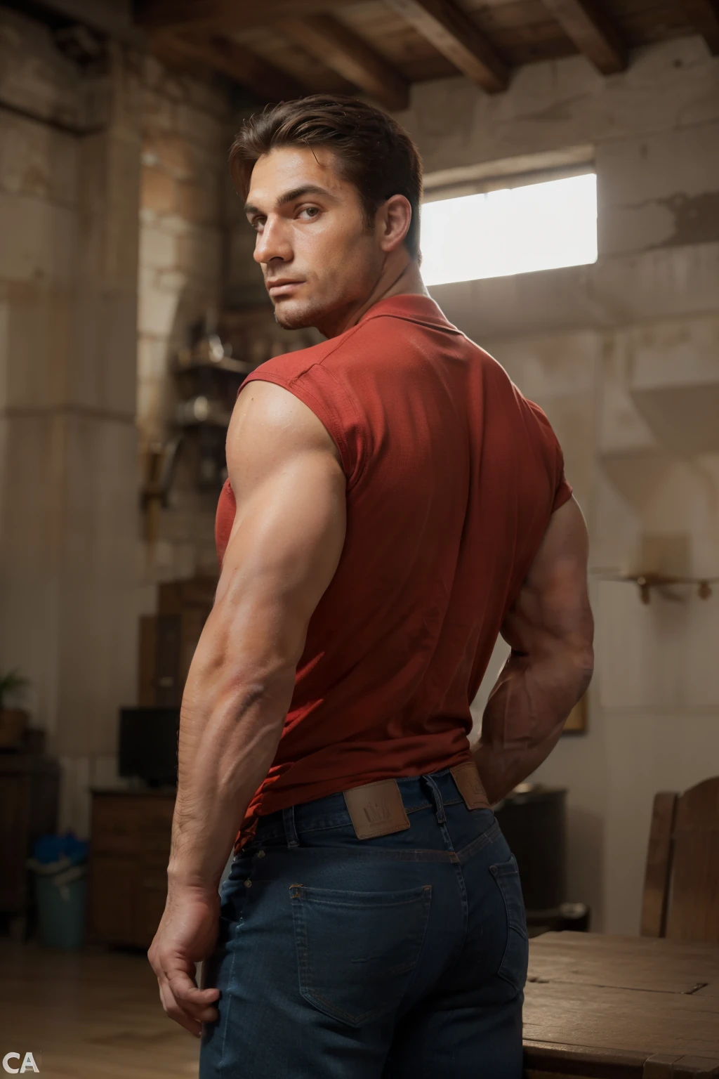 imposing and muscular European man named Gaston, crudo y masculino, ((Iconic fitted red shirt)), ((Extraordinarily large bulging biceps)), ((retrato)), ((cara detallada)), ((rasgos faciales distintivos: strong jaw, ojos hundidos)), ((cuerpo peludo y grueso)),, en un ambiente de taller o taberna con poca luz, parado con confianza, ((Colores ricos y alto contraste.)), ((mejor calidad: 16:9 ultra high definition)), ((Sharp, high-resolution RE: 8k)), ((hombre)) ((muscular man)), full body, jeans backside man