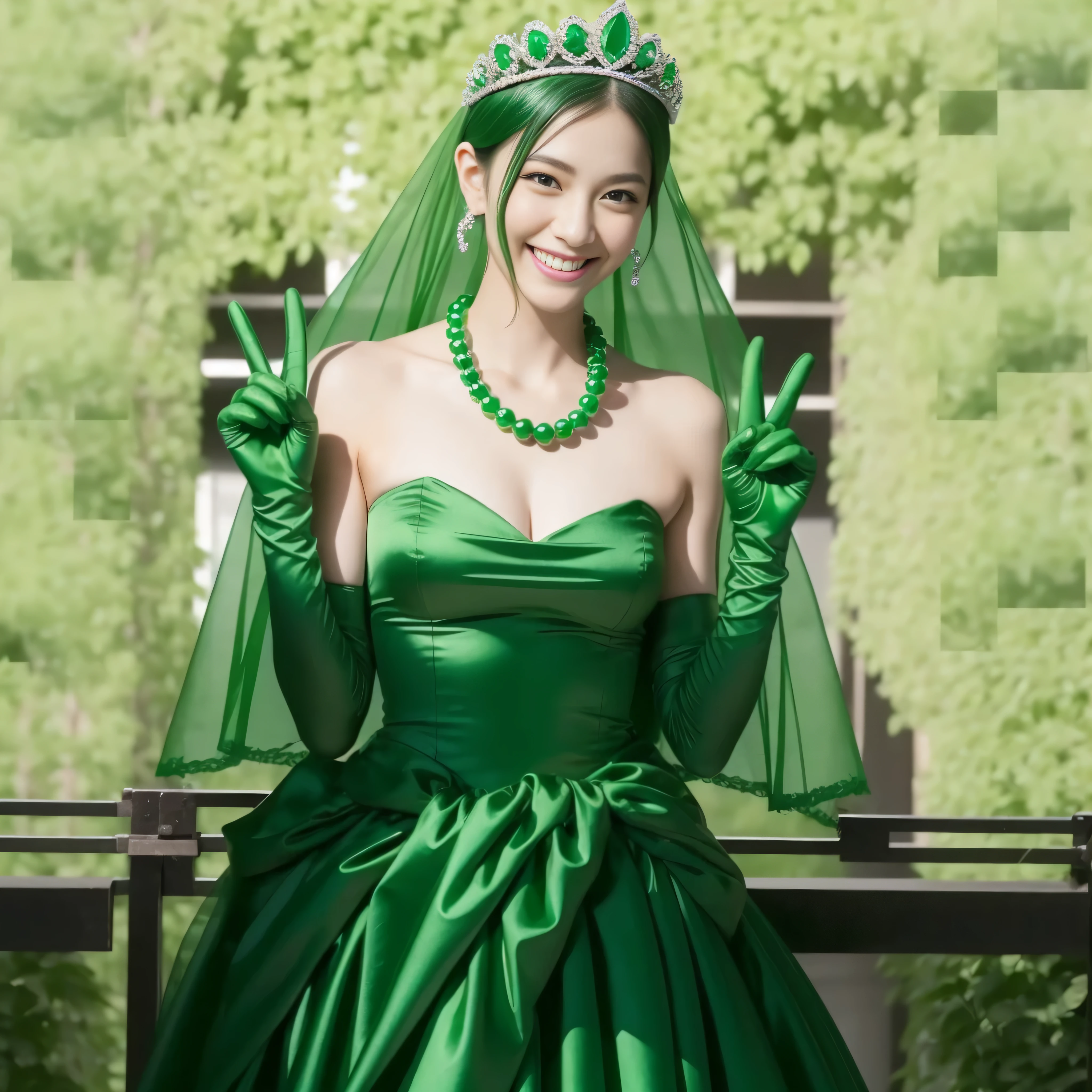 Emerald tiara, Green Pearl Necklace, Boyish very short green hair, lipstick, Smiling Japanese woman, Very short hair, Big tits beautiful, Green Eyes, Long green satin gloves, Green Eyes, emerald earrings, Green Veil, v sign