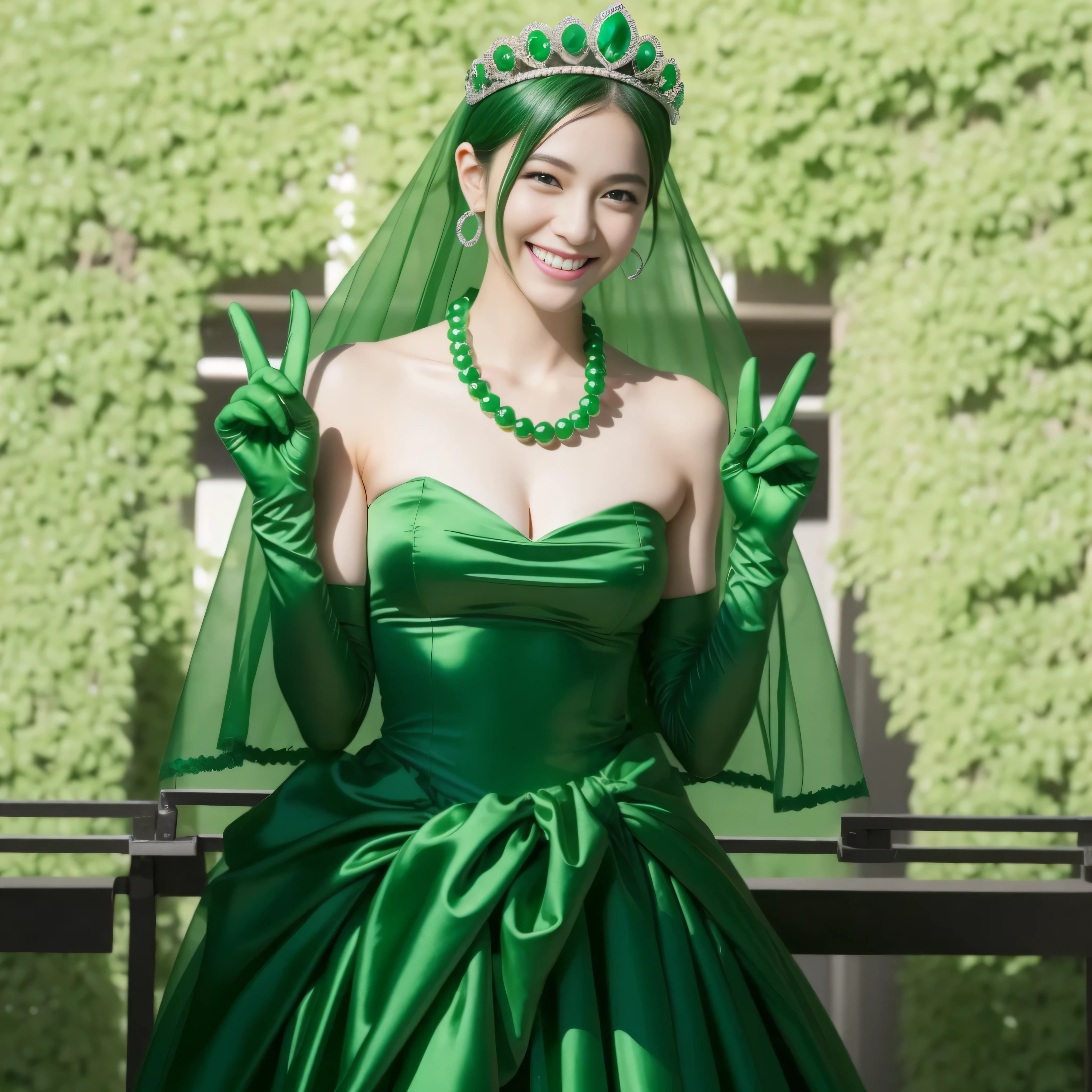 Emerald tiara, Green Pearl Necklace, Boyish very short green hair, lipstick, Smiling Japanese woman, Very short hair, Big tits beautiful, Green Eyes, Long green satin gloves, Green Eyes, emerald earrings, Green Veil, v sign