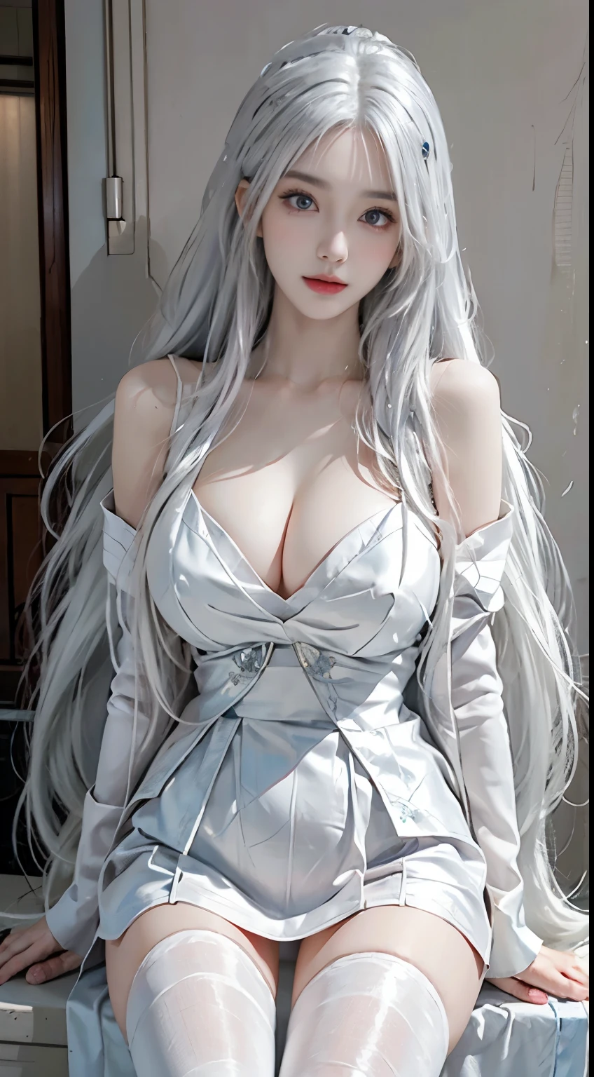 Realistically, high resolution, 1 female, Solitary, (Detailed face), white hair, White hair, maid outfit, Jewel-like、Blue eyes、white hair、Silver Hair、((fair :1.1)), 0p、mix4, (Best Illustration: 1.1), (The best shadow: 1.1), Express、Glossy and shiny skin。Practical、Reality:1.37)、)(Close her eyes)、(Korean pop idol)、side、Messy hair、Medium Length Hair、(pink blush)、(illuminate)、(solo)、dynamic poses、(slim legs)、North African Trade Zone、Very detailed ambient occlusion、超high resolution, Super Practical, Very detailed, (stunned),Beautiful breasts、Huge breasts:1.4,plump breasts