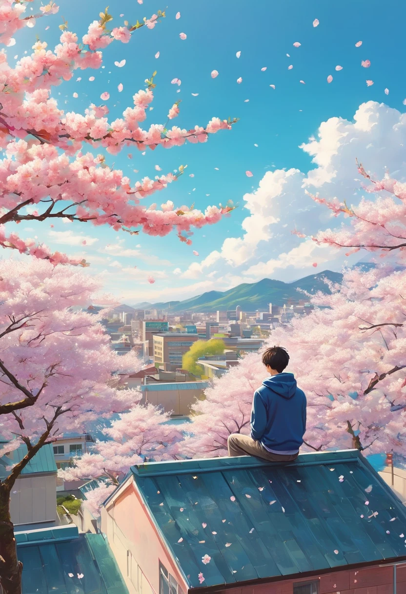 High school boy standing on the roof,Looking down on the schoolyard from the roof of a high school building,A male high school student wearing a hoodie standing on the roof,Cherry blossoms blooming in the schoolyard,blurred background,卒業に相応しい感傷的でFantasyな光景,spring,Cherry tree in full bloom,Scattering cherry blossom petals,today、My favorite senior is graduating,farewell,sadness,dream-like,Fantasy,Intricate details,Color illustrations,Zentangle Elements,rendering,colorful,colorfulな呪文を唱える,Wide range of colors,Intricate details,rendering,,masterpiece,最高masterpiece,highest quality,Beautiful light and shadow,